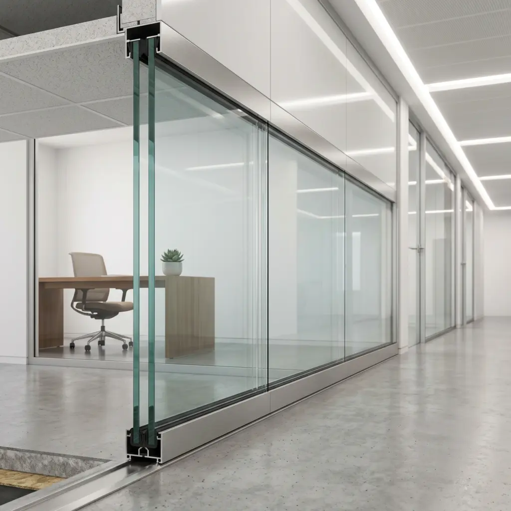 Sleek transparent dividers maintaining privacy in a modern office renovation Dubai environment.