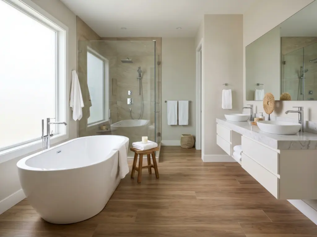 A relaxing retreat featuring a deep soaking tub built by expert bathroom renovation Dubai contractors.