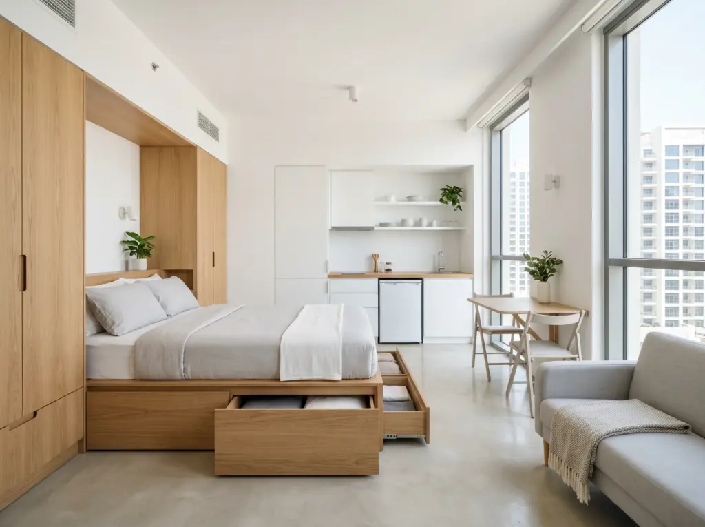 Maximized studio layout created through expert apartment renovation Dubai spatial planning.
