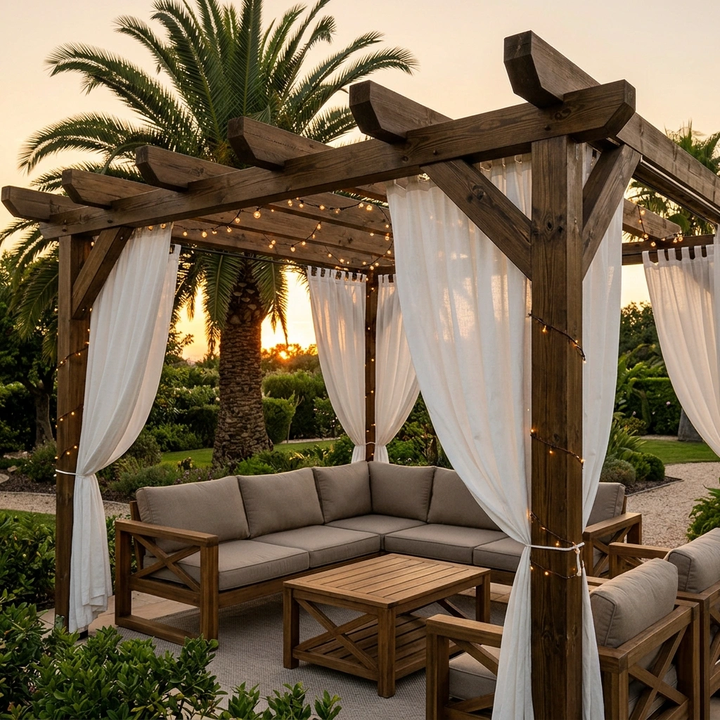 A sturdy outdoor pergola with reinforced wooden seating frames.