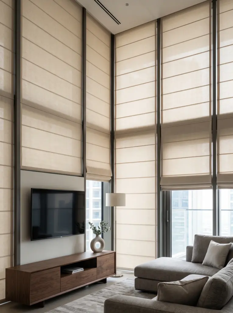 Soft fabric Roman blinds creating a cozy atmosphere in a modern luxury bedroom.
