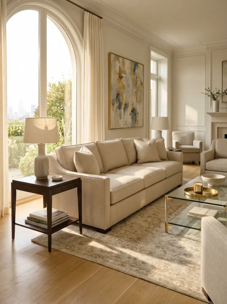 Custom upholstered tailored seating in an elegant living room.