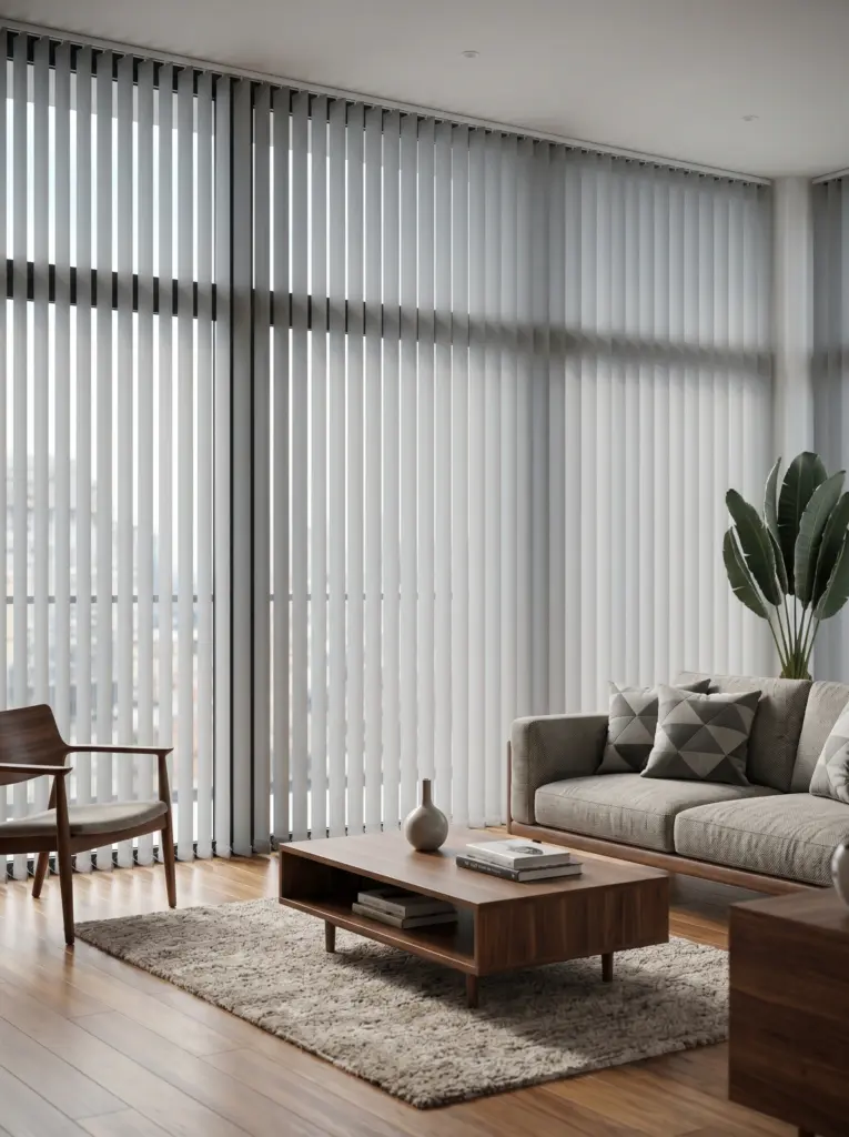 Precision measured vertical blinds elegantly shading a contemporary apartment lounge.