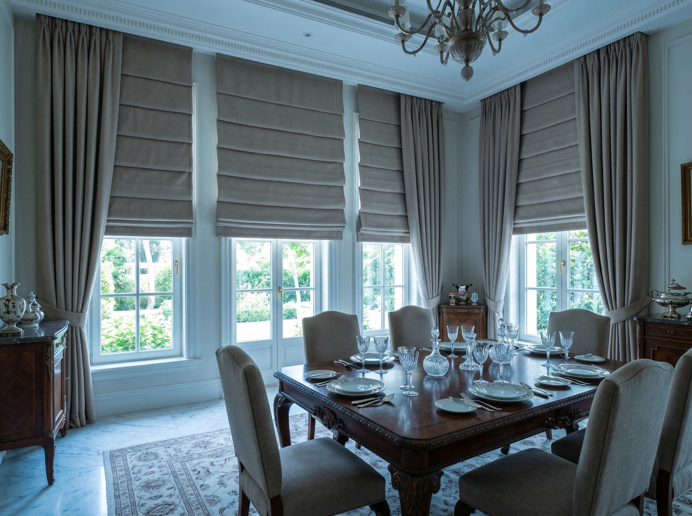 Voluminous interlined Roman blinds providing thermal insulation in a grand villa dining room.