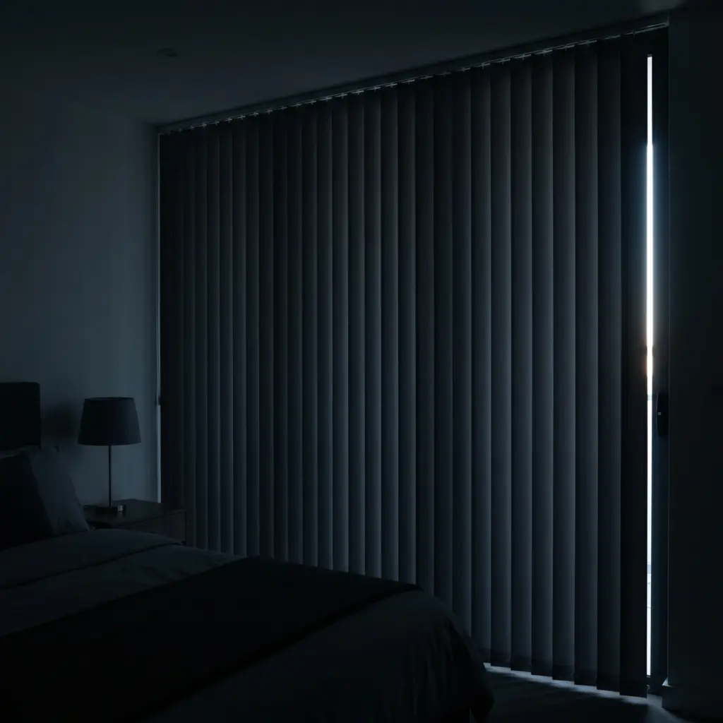 Specialized opaque vertical blinds blocking harsh external light in a master bedroom.