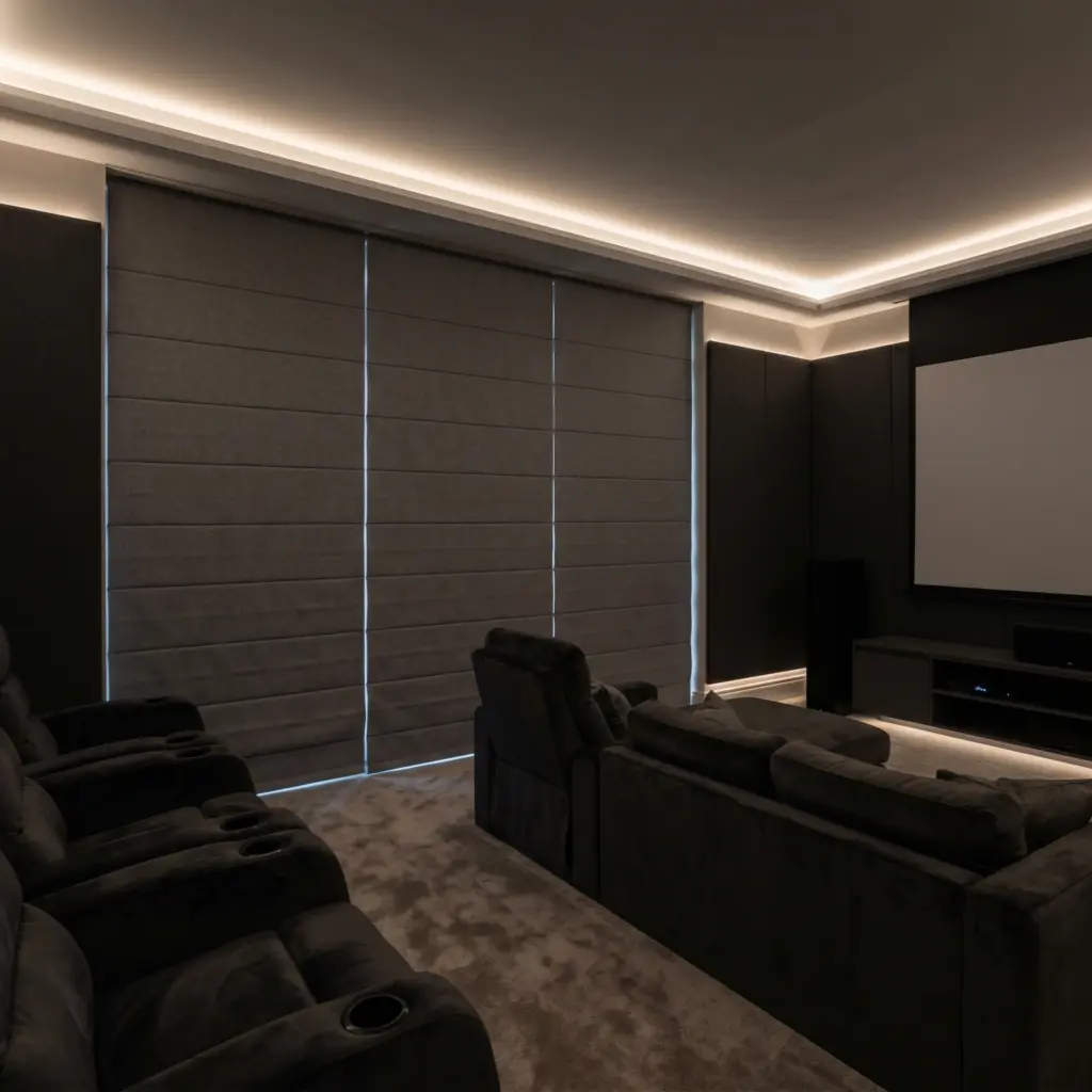 Specialized room darkening Roman blinds shielding a room from harsh urban glare.
