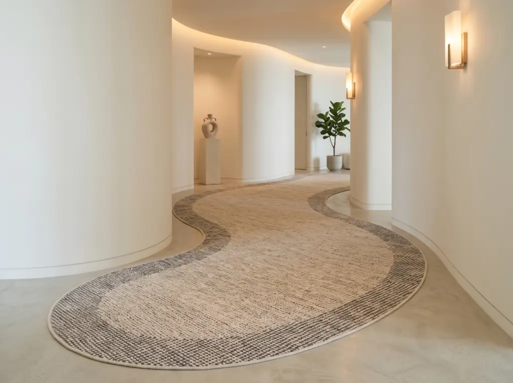 Irregularly shaped custom rugs Dubai fitting perfectly in a curved architectural space.