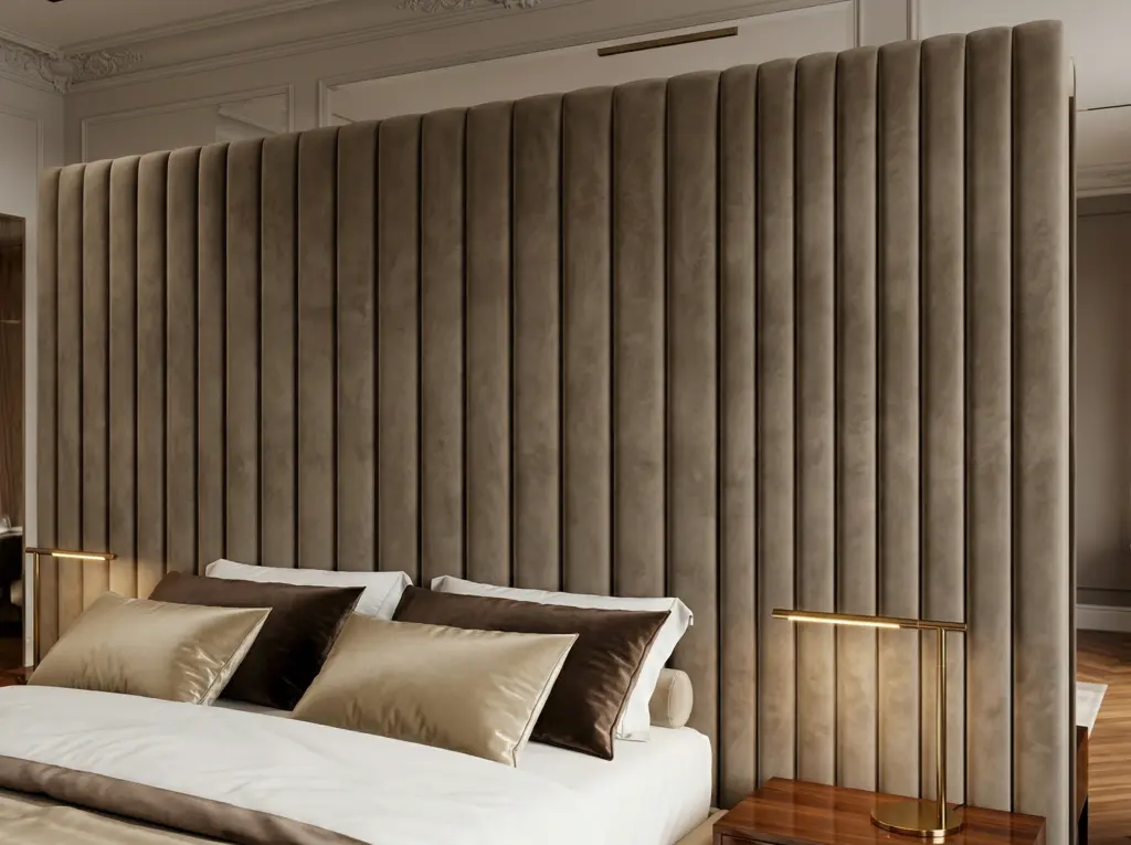 Grand, ceiling-height custom upholstered headboard with deep button tufting.