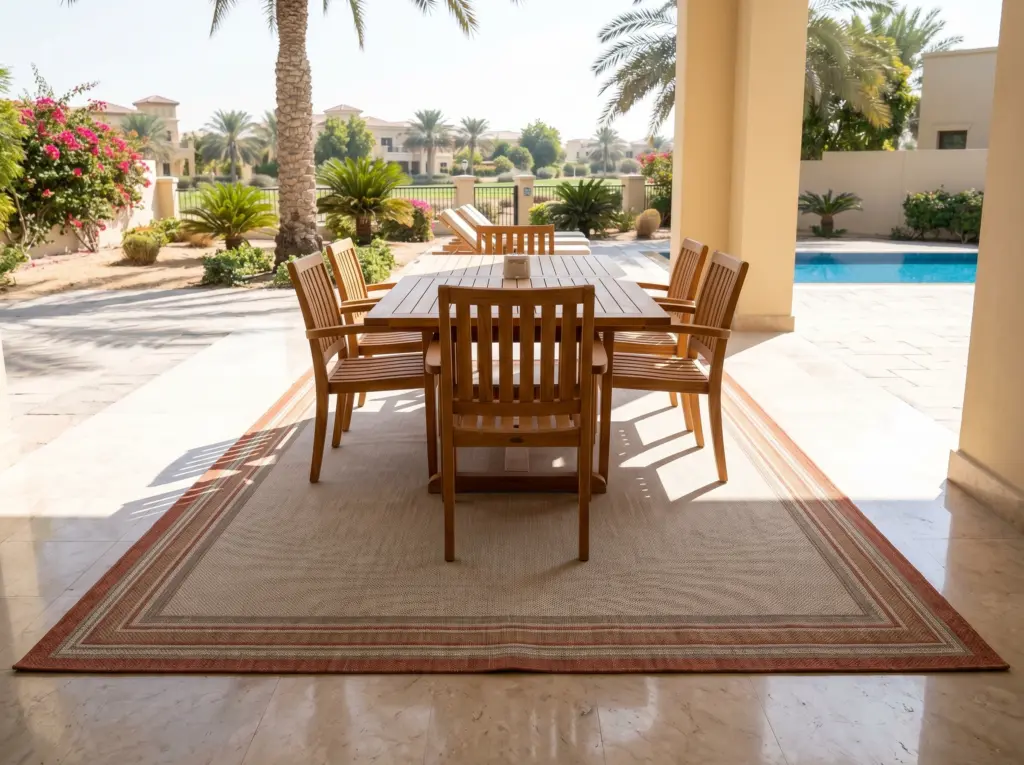 Trendy boho style outdoor rugs Dubai offering casual elegance for terraces.