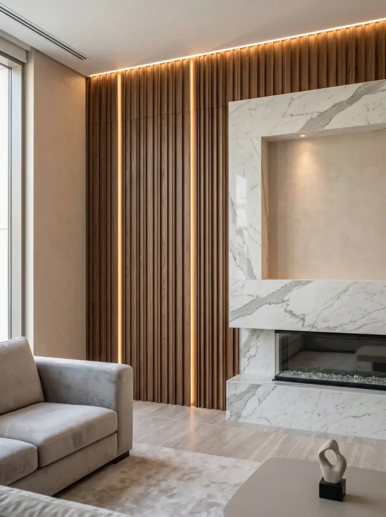 Custom architectural details in a living room showcasing our villa renovation Dubai expertise.