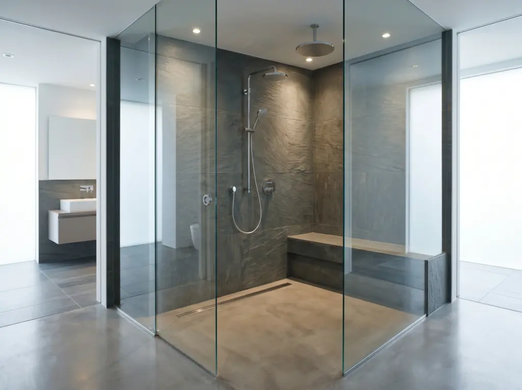 A sleek zero threshold glass enclosure crafted through professional bathroom renovation Dubai.