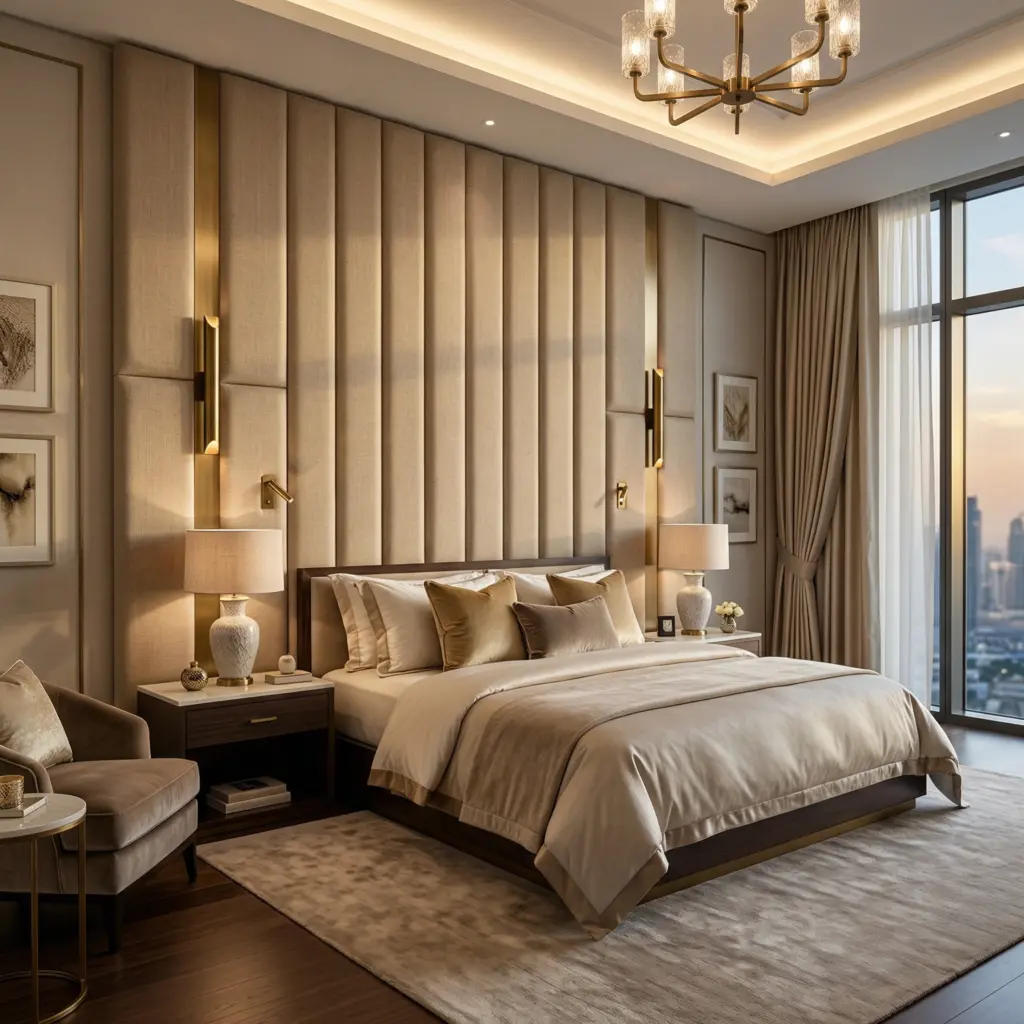 Spectacular wall-width custom headboard spanning a master suite, upholstered in premium textured linens.