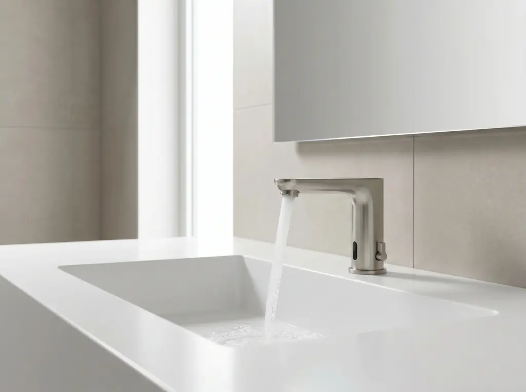 Advanced aerated faucets and sustainable fixtures for an eco friendly bathroom renovation Dubai.
