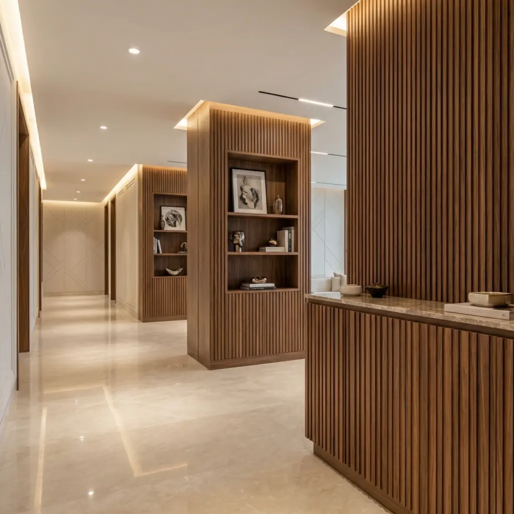 A unified residence showing matching entrance consoles, shelving, and cohesive design elements.