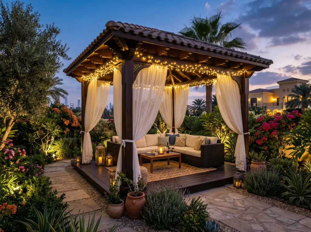 Custom-built teak wood gazebo with white curtains installed in a luxury garden in the UAE.
