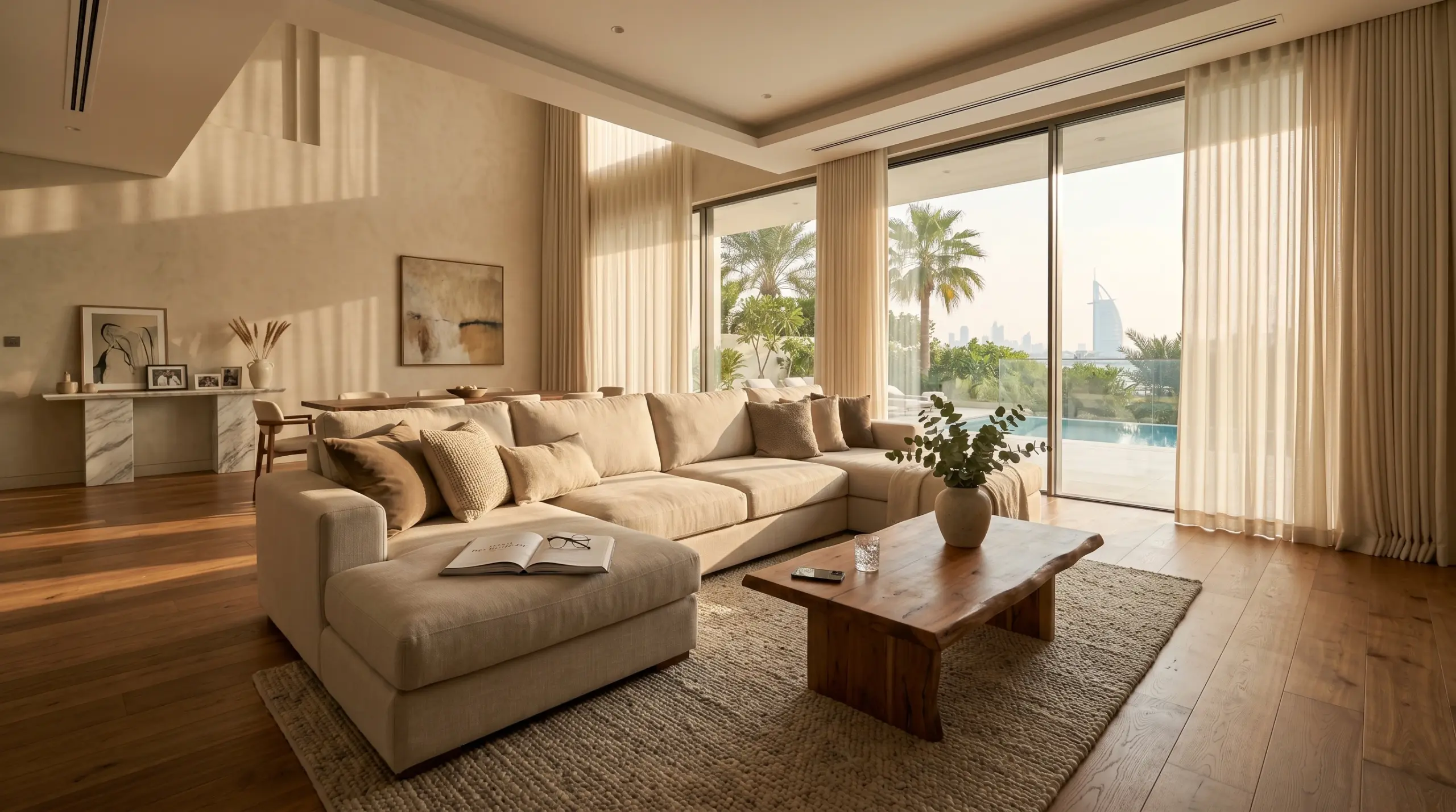 Luxury home makeover Dubai villa living room with engineered wood flooring custom curtains and bespoke furniture