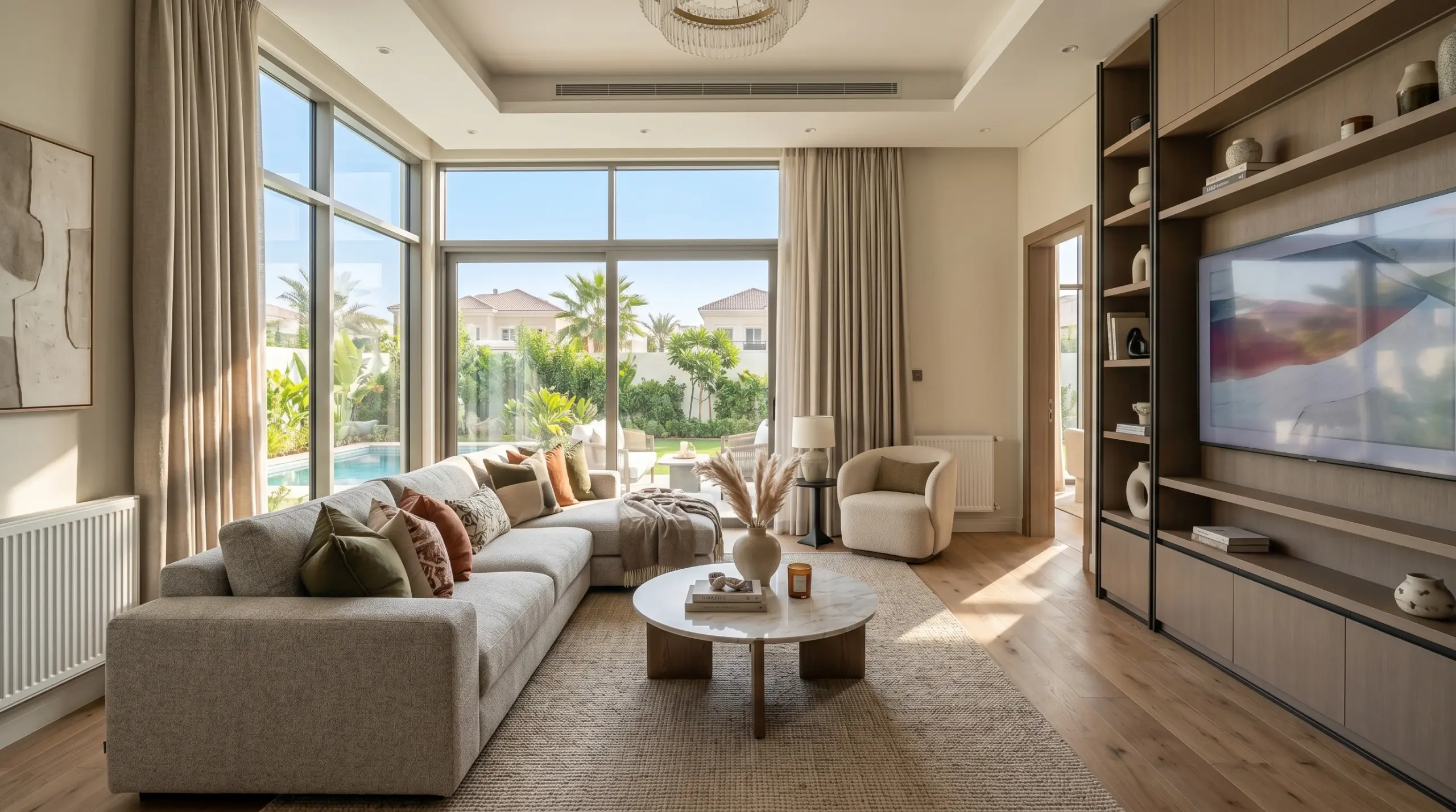 Turnkey interior design and fit-out services completed in a Dubai villa living room with custom curtains and engineered wood flooring