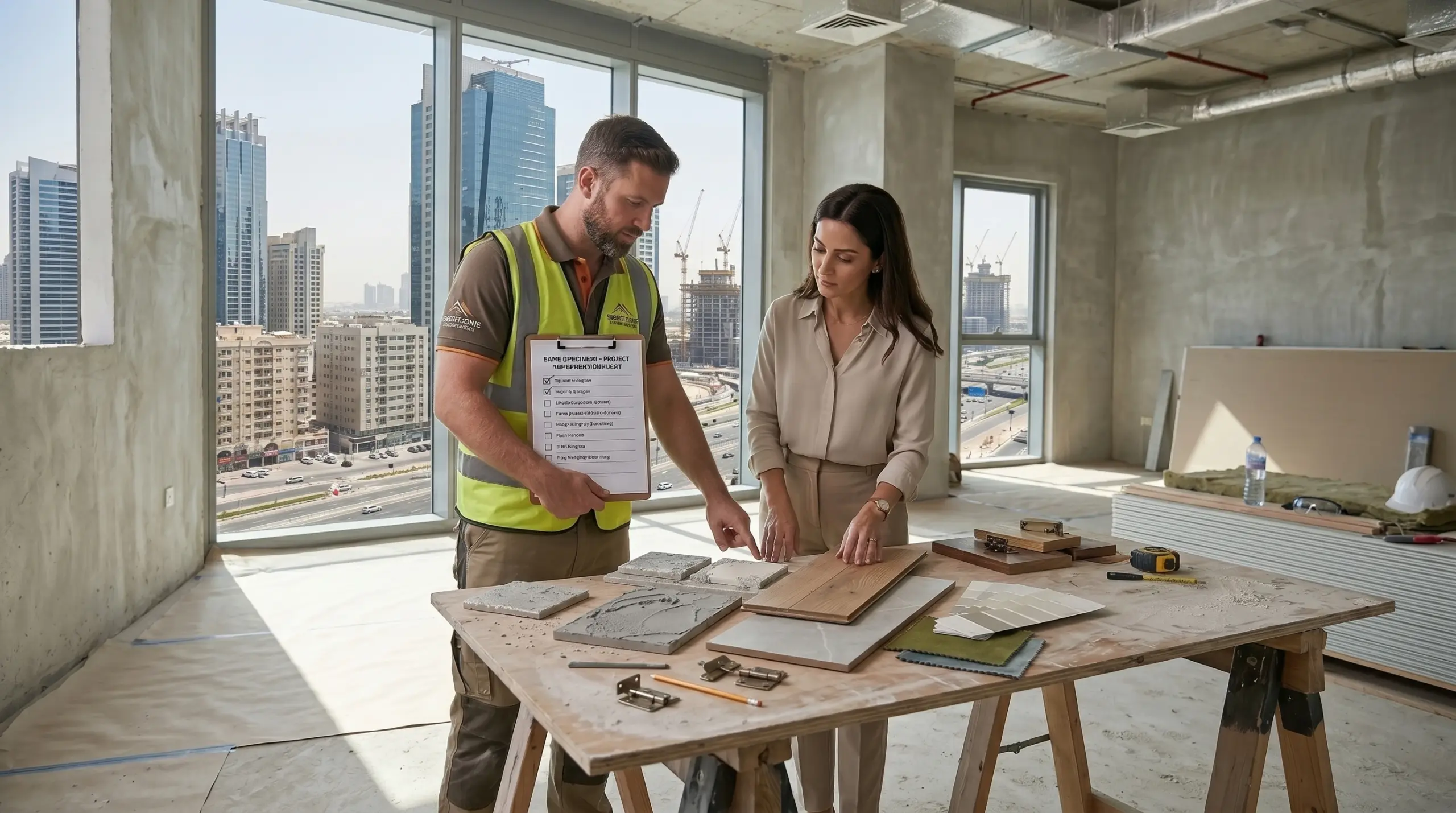 Renovation contractor reviewing material selections with Dubai homeowner during site visit