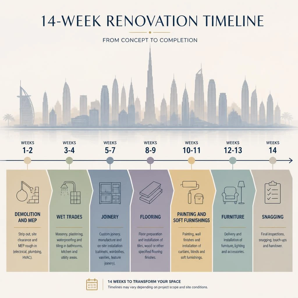 14-week home renovation timeline for Dubai villa showing phases from demolition to final snagging