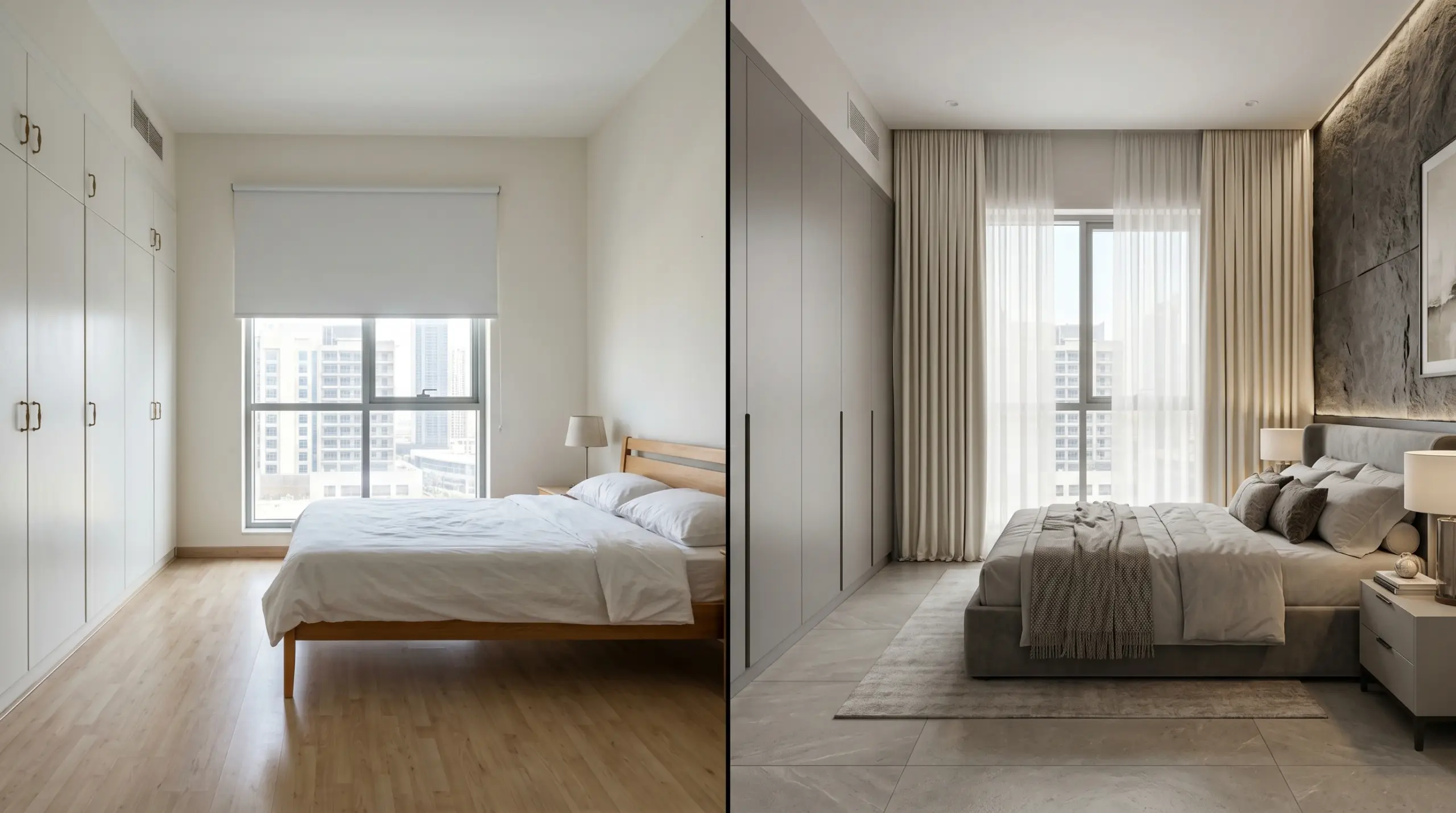 Master bedroom renovation before and after in Downtown Dubai apartment with custom wardrobes dual track curtains and feature wall
