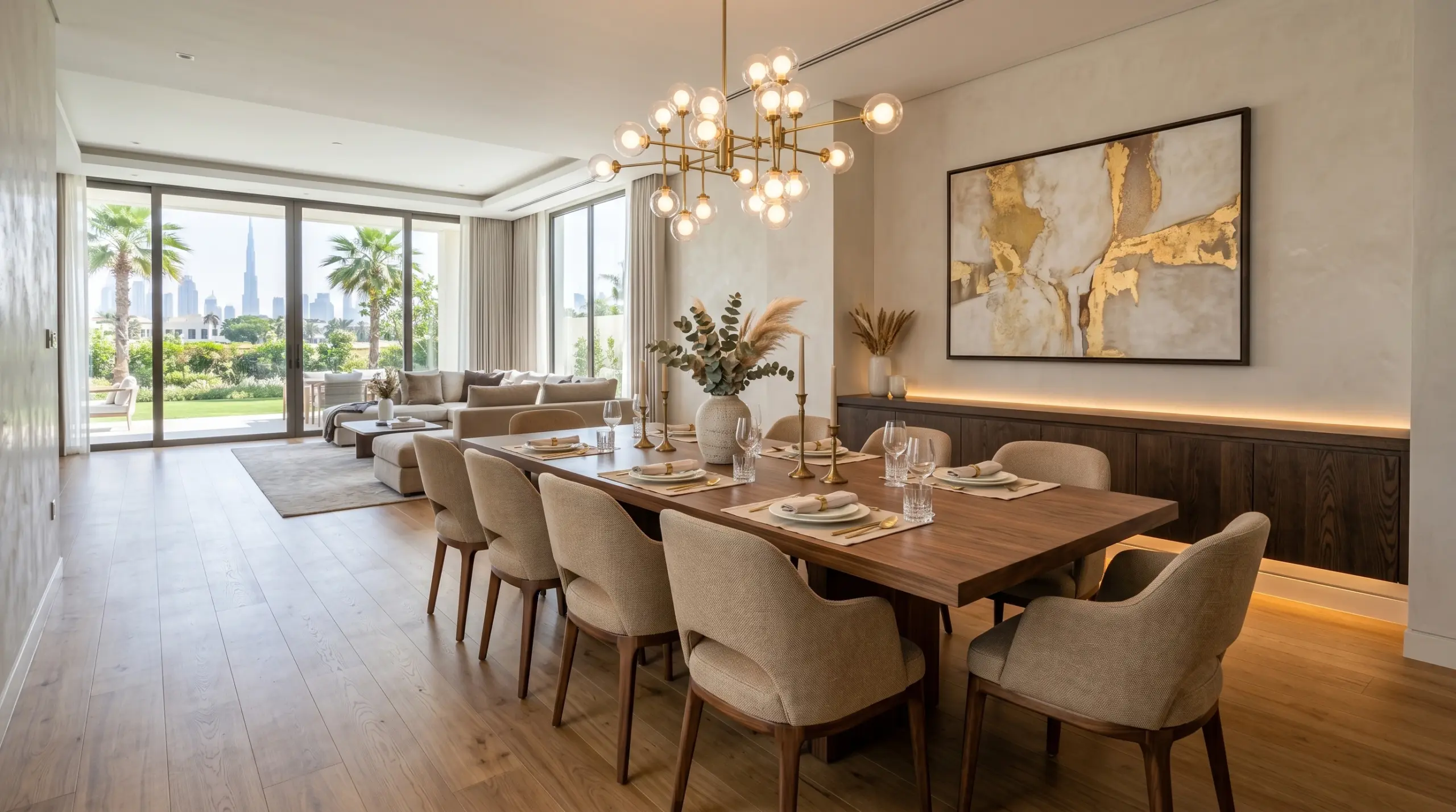 Completed luxury dining room renovation Dubai villa with custom furniture engineered wood flooring and built in sideboard