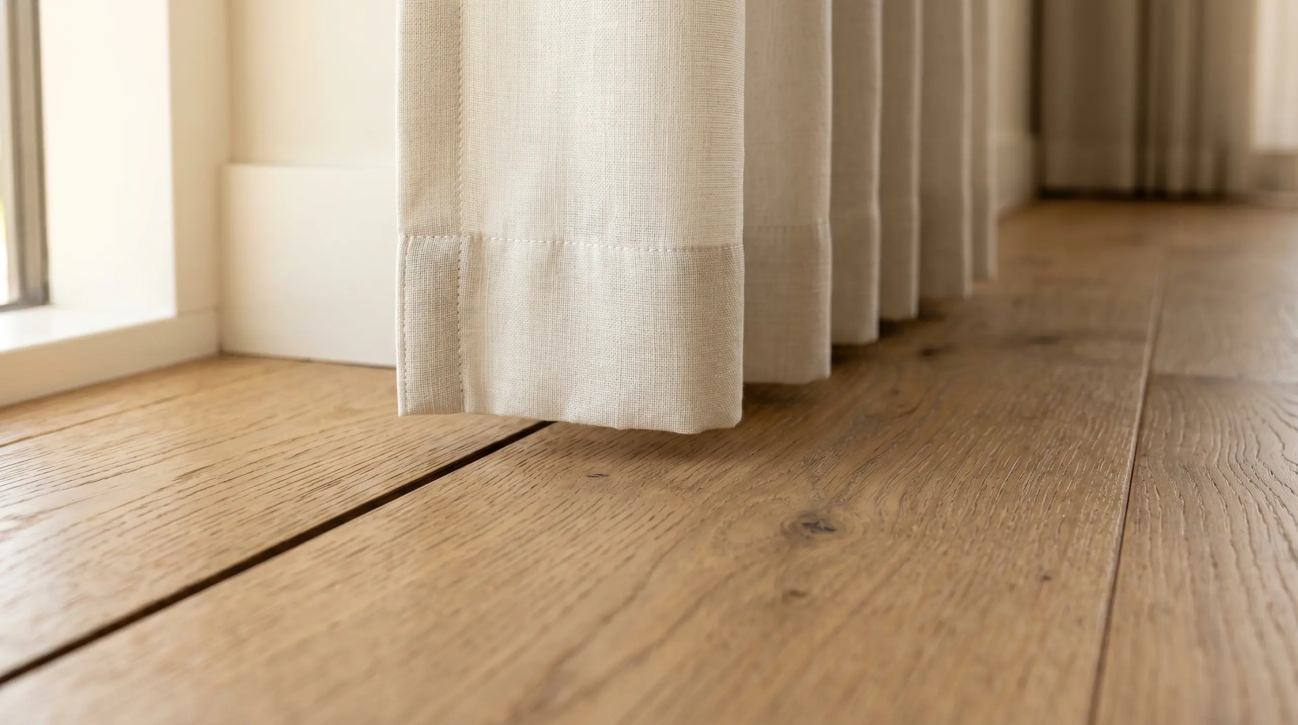 Close-up of engineered wood flooring and floor-length curtain hem installation detail in Dubai villa luxury renovation