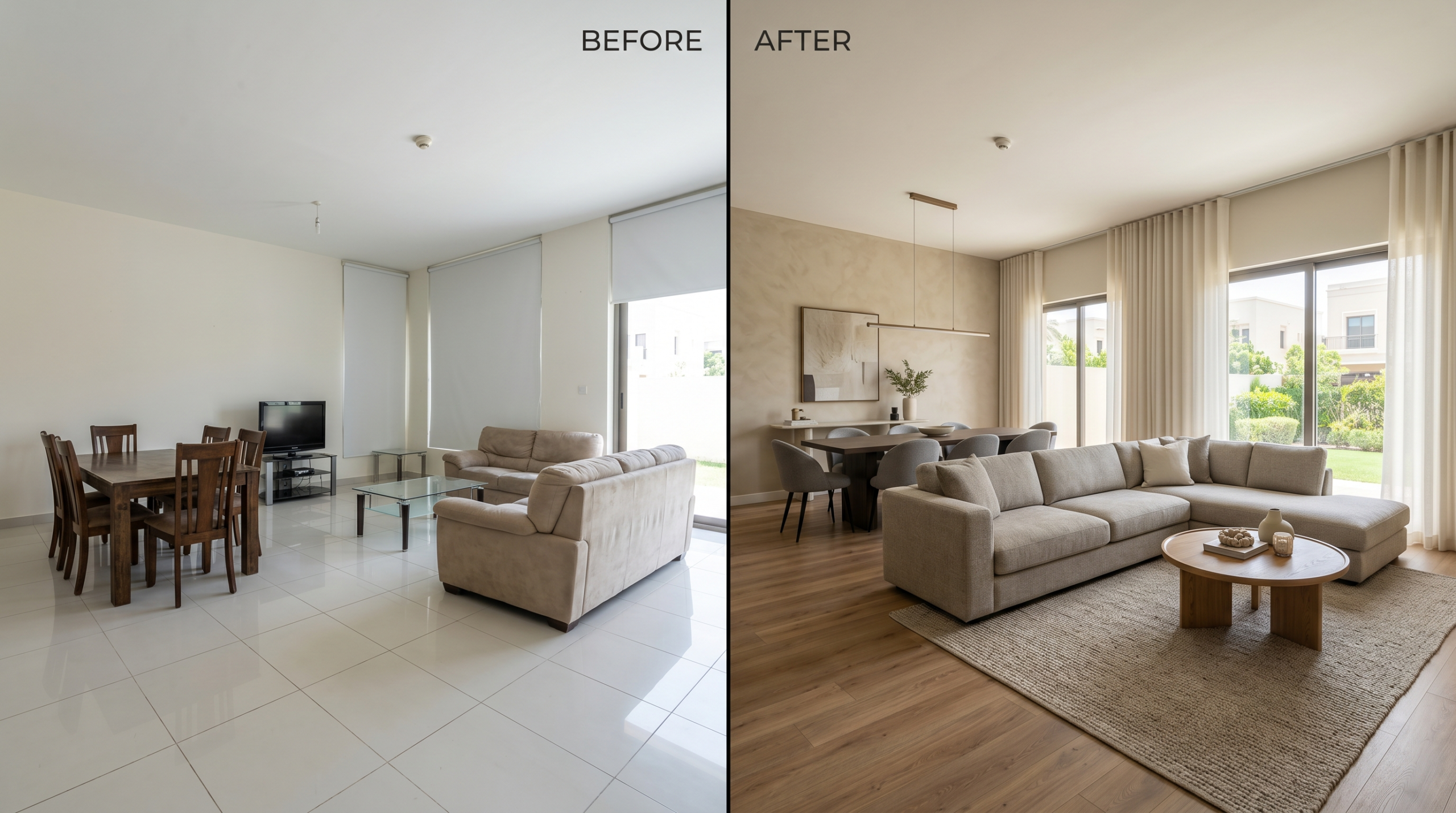 Before and after luxury living room makeover in Arabian Ranches Dubai villa with engineered wood flooring and wave fold curtains