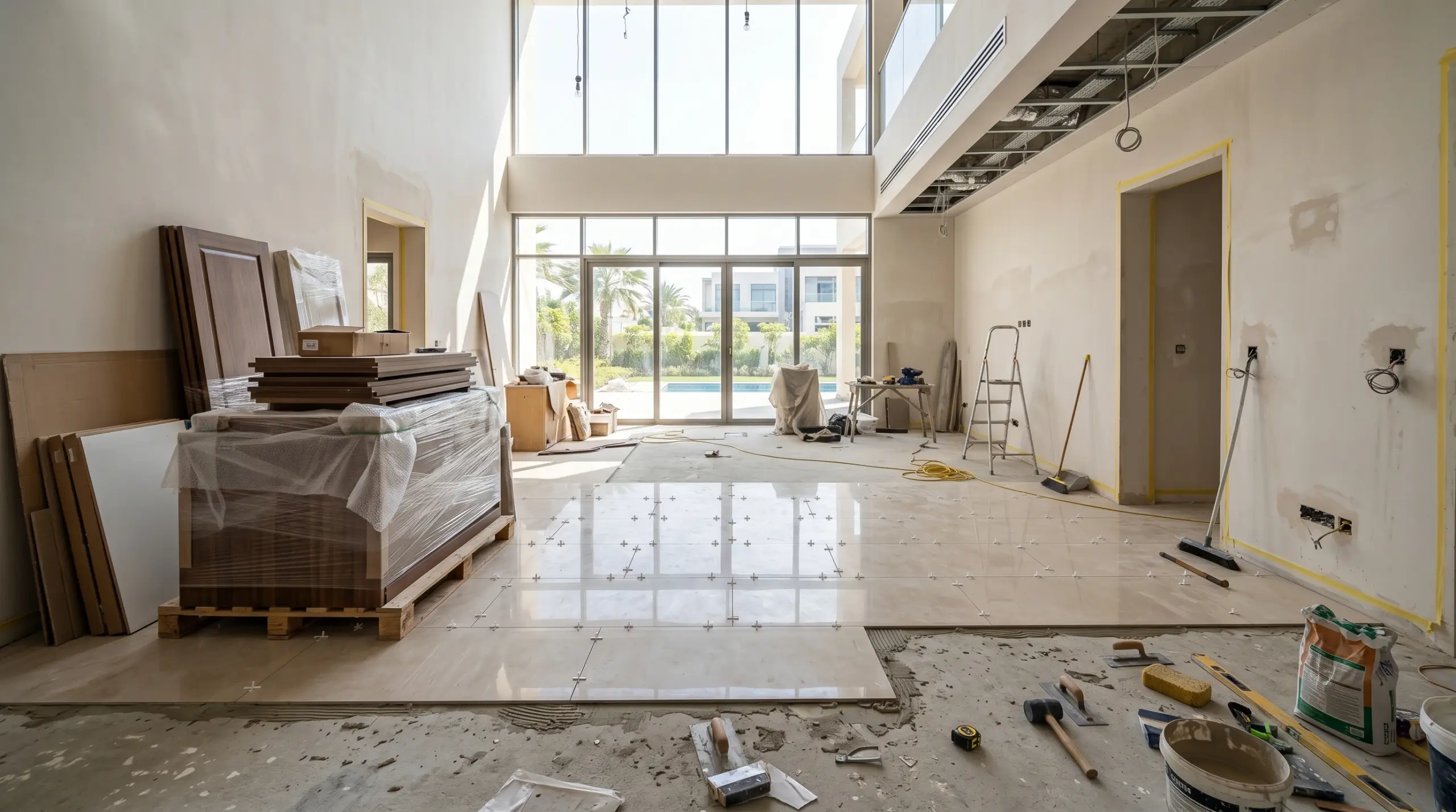 Home renovation in progress inside a Dubai villa showing flooring installation and bare walls before fit-out