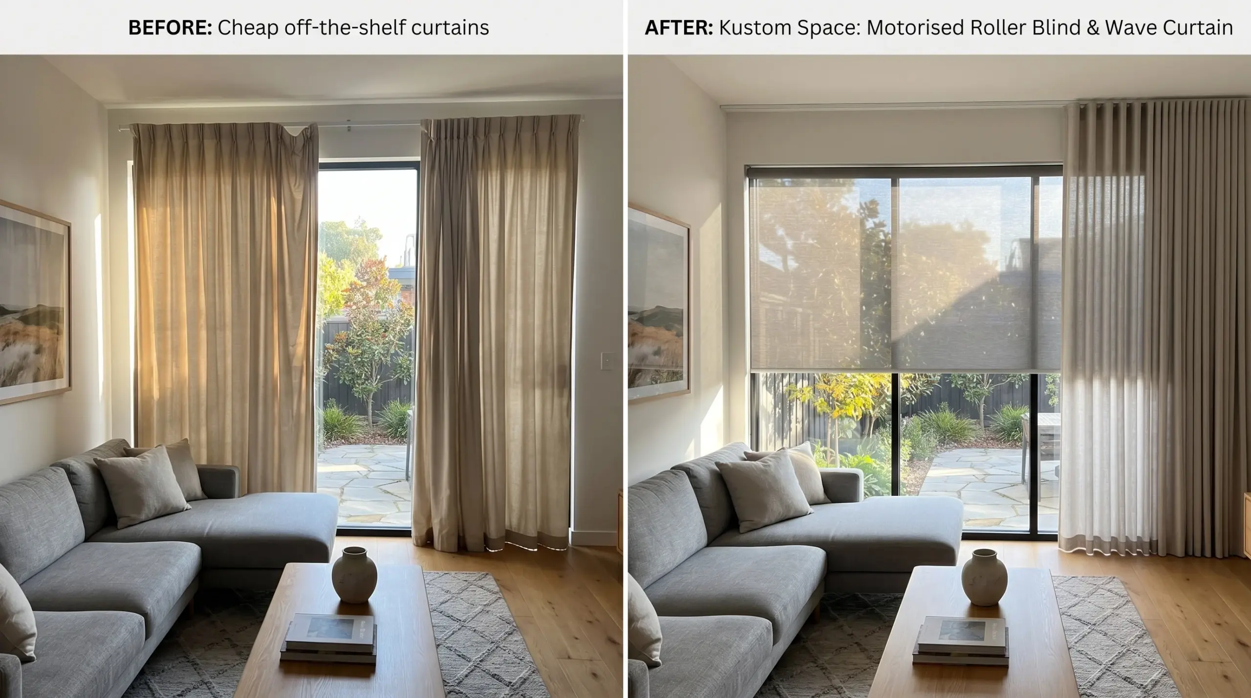 Before and after villa window treatment replacement in Dubai, solar roller blinds and wave curtains by Kustom Space