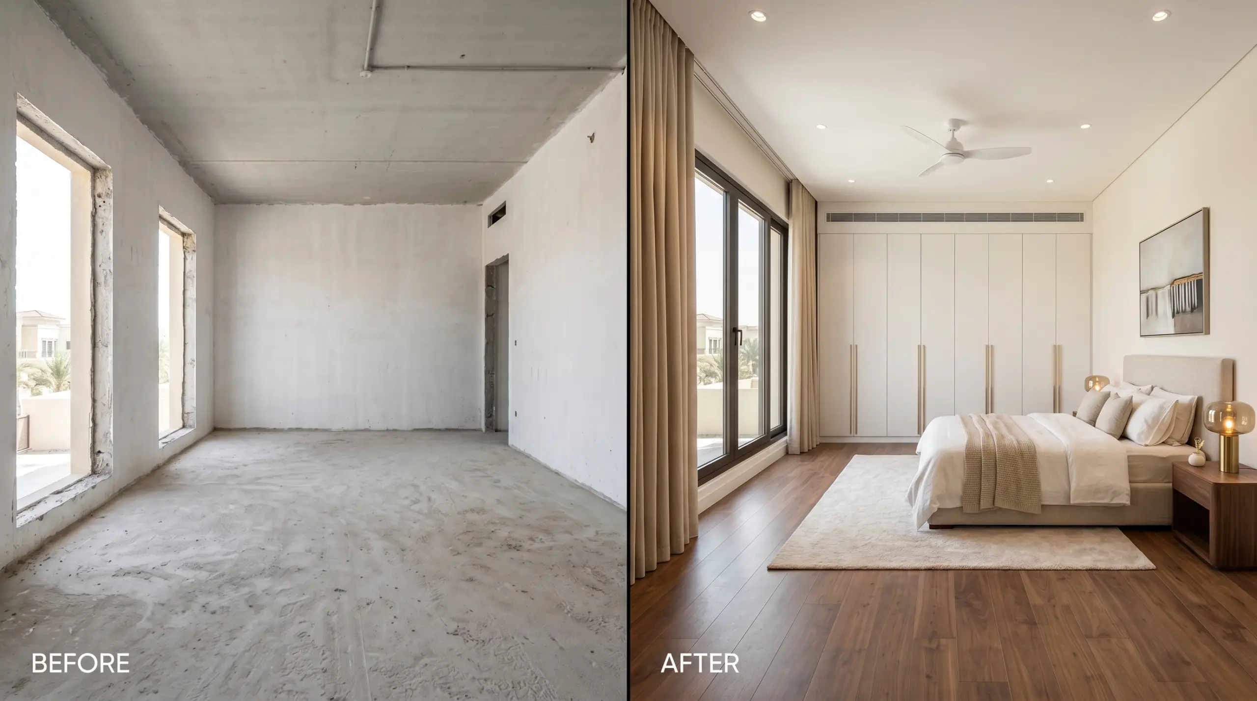 Before and after turnkey fit-out transformation of a Dubai villa bedroom with engineered wood flooring and custom curtains