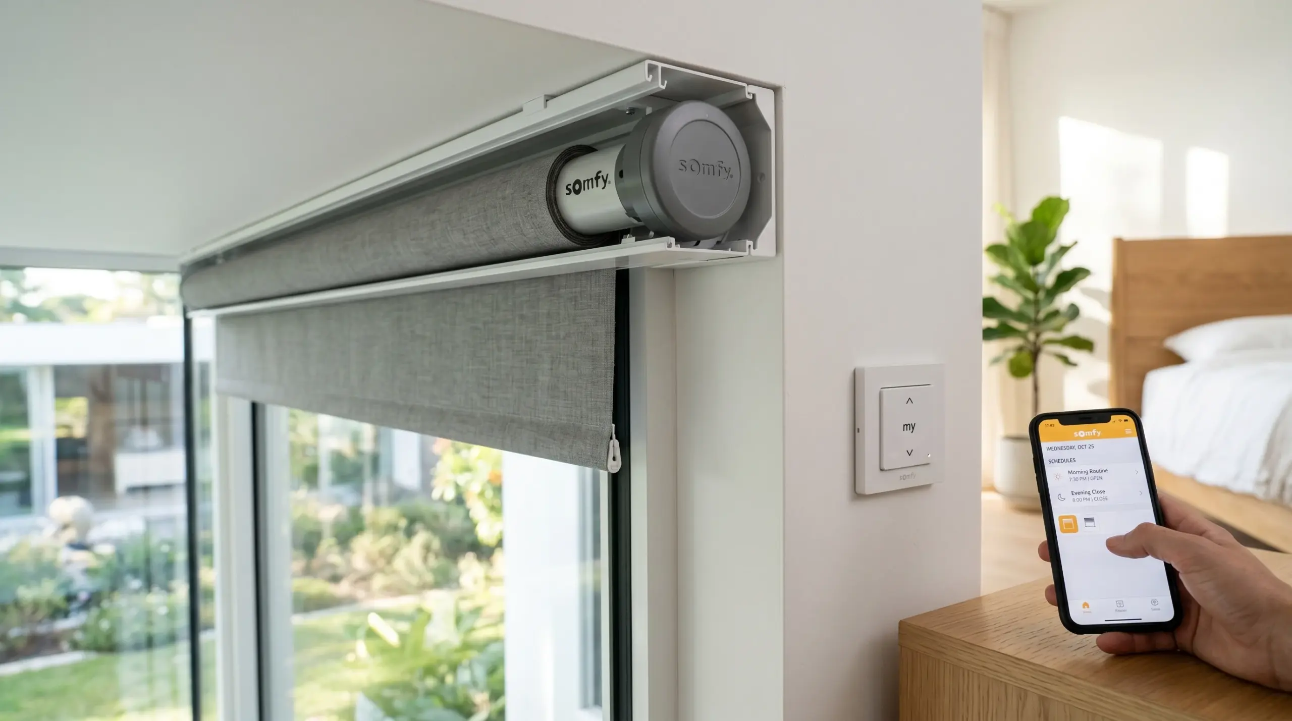 Motorised roller blind motor unit installed in Dubai villa, Somfy smart blind system UAE