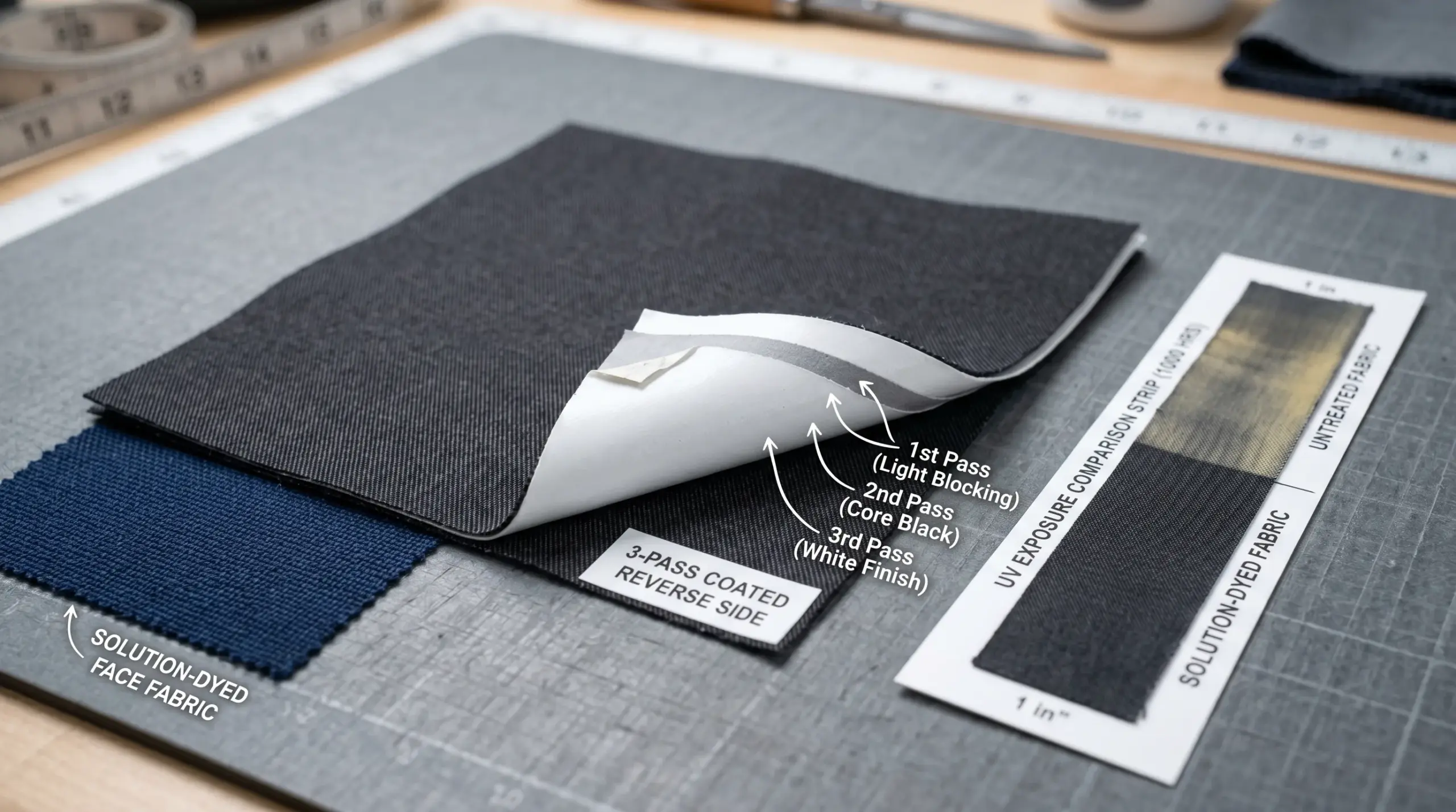 Close-up of blackout curtain lining fabric with UV-resistant three-pass coating, heat resistant curtains Dubai