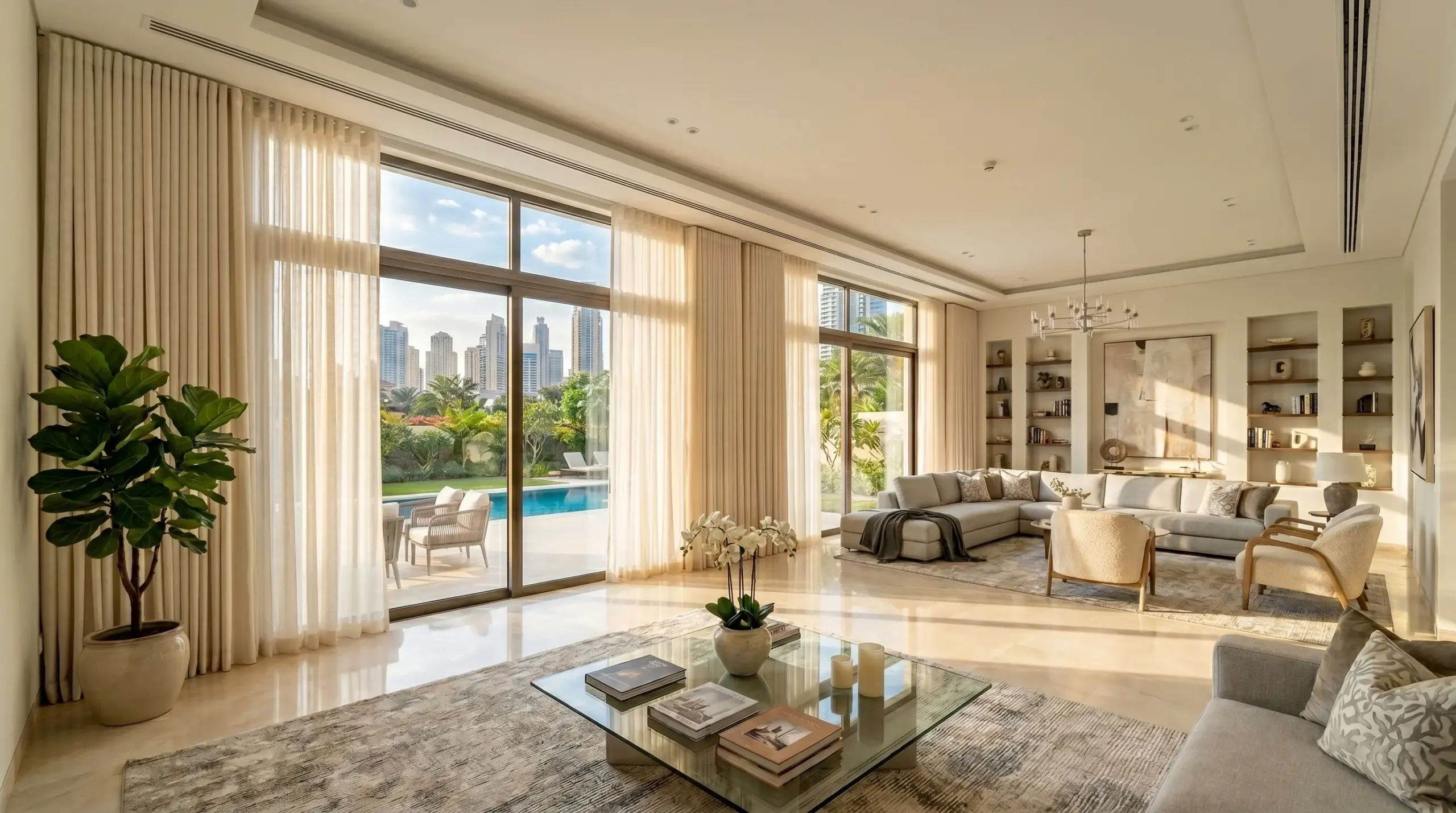 Floor-to-ceiling S-fold curtains in a Dubai villa living room, custom installed by Kustom Space
