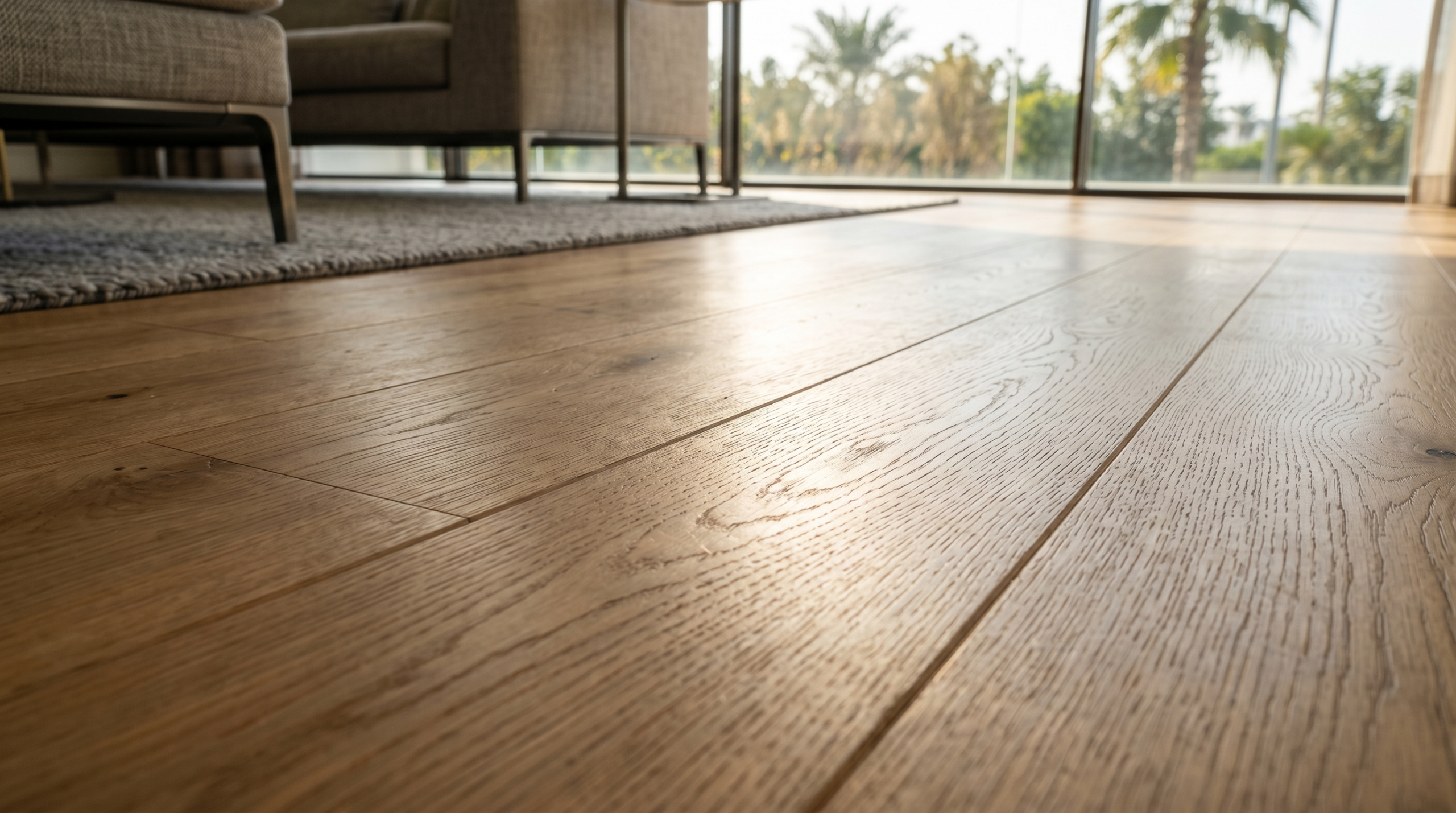 Engineered wood flooring Dubai villa climate resistant material close-up