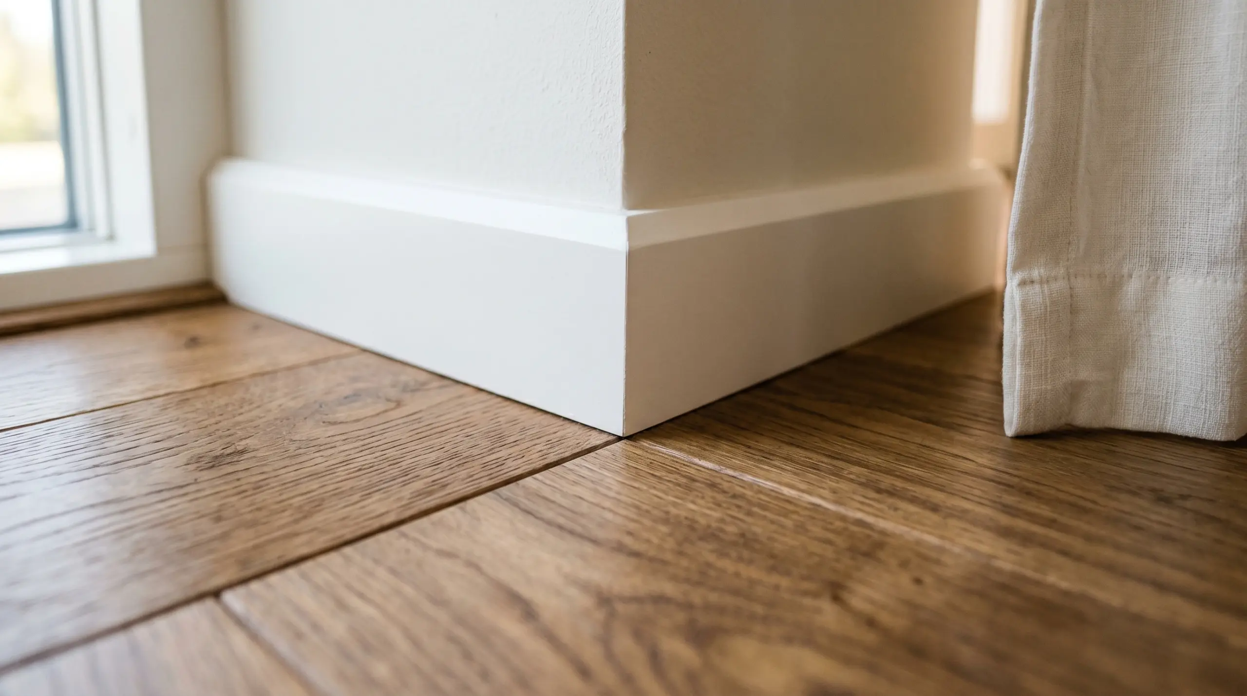 Close-up of engineered wood flooring and custom skirting installation detail in a Dubai fit-out