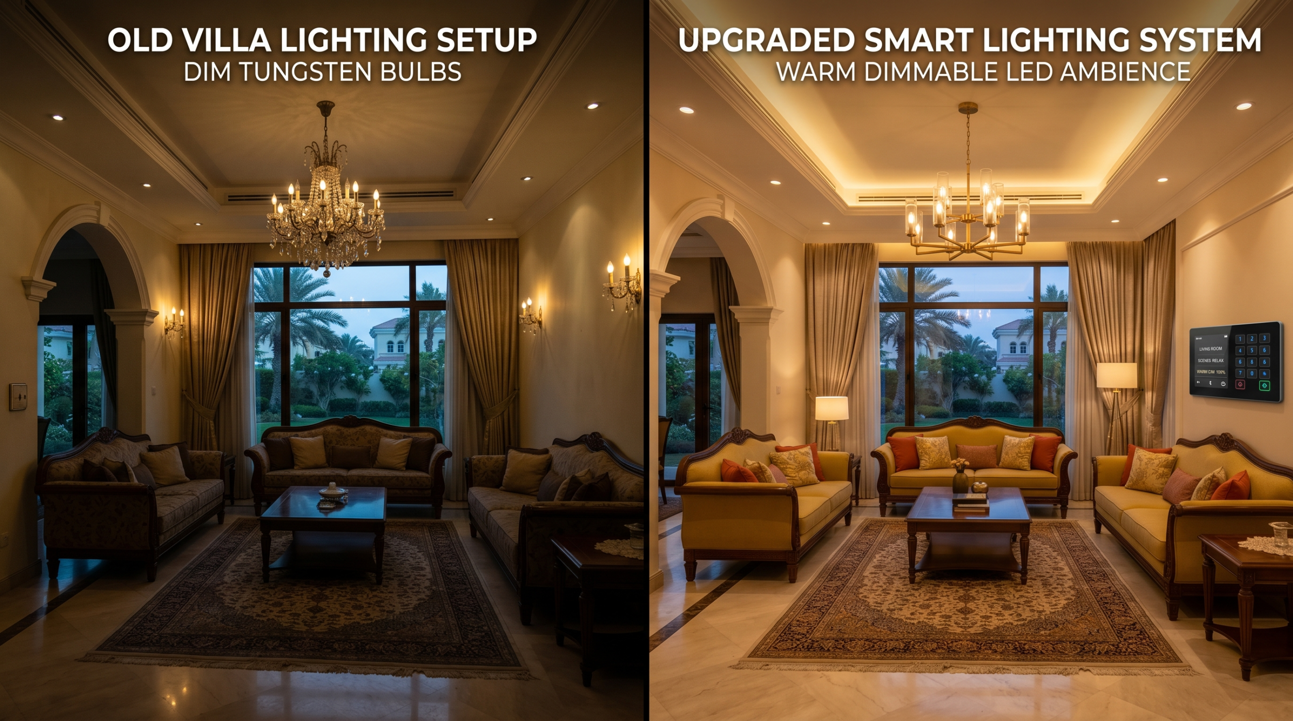 Before after smart lighting upgrade Dubai villa interior transformation