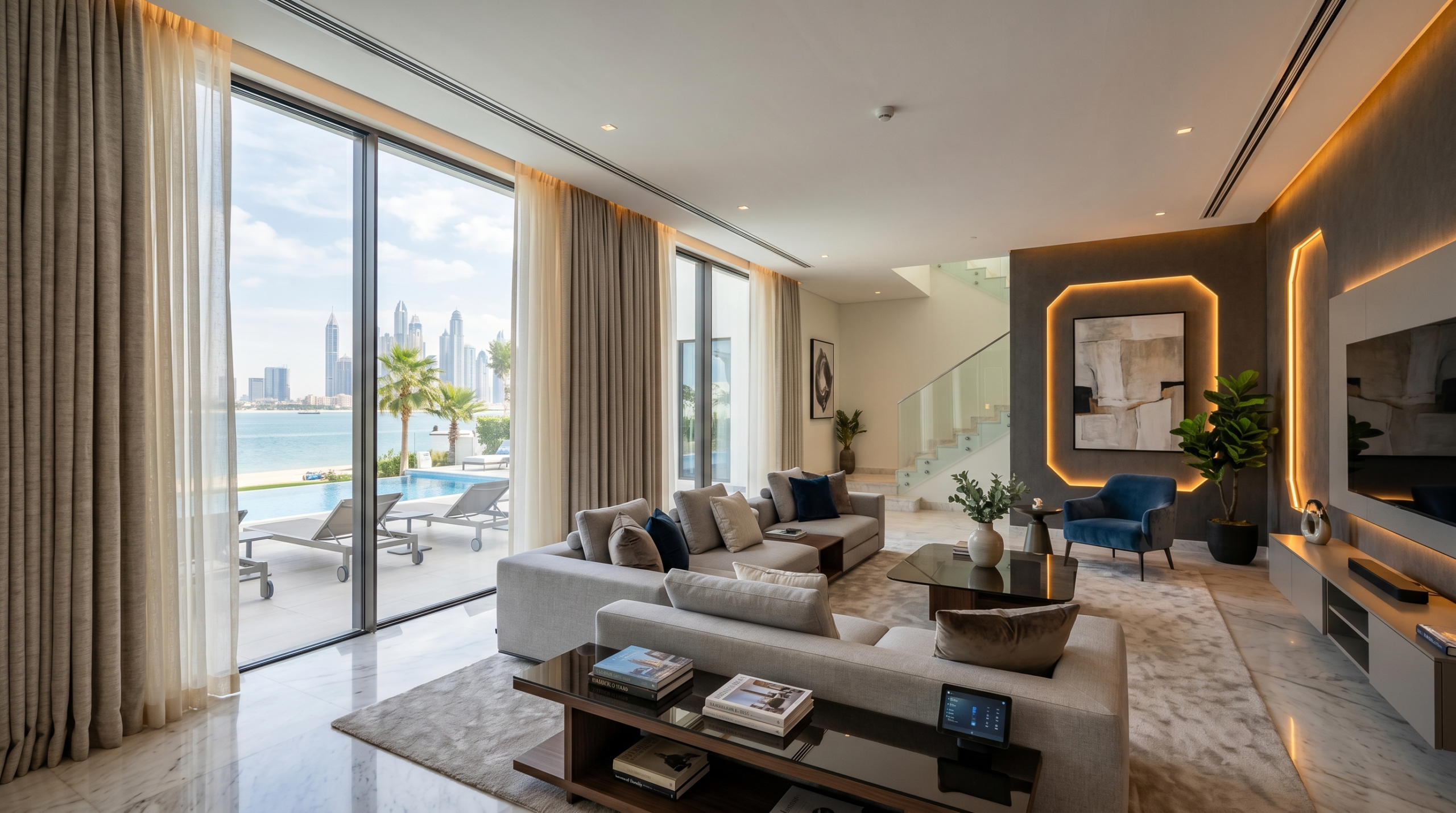 Smart villa renovation Dubai living room with automated curtains and lighting
