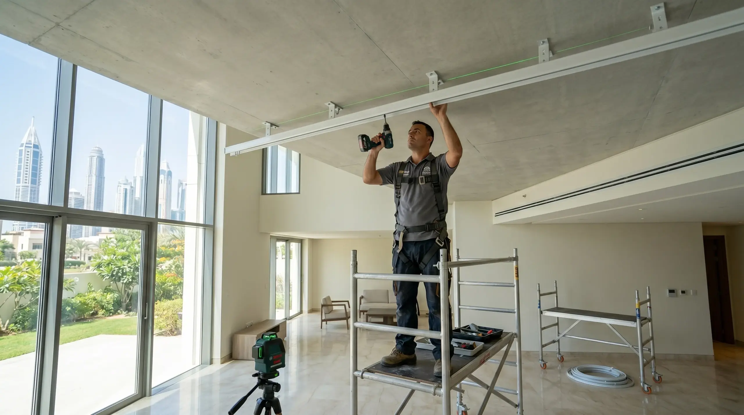 Professional curtain track ceiling installation in Dubai villa, Kustom Space curtain fixing service