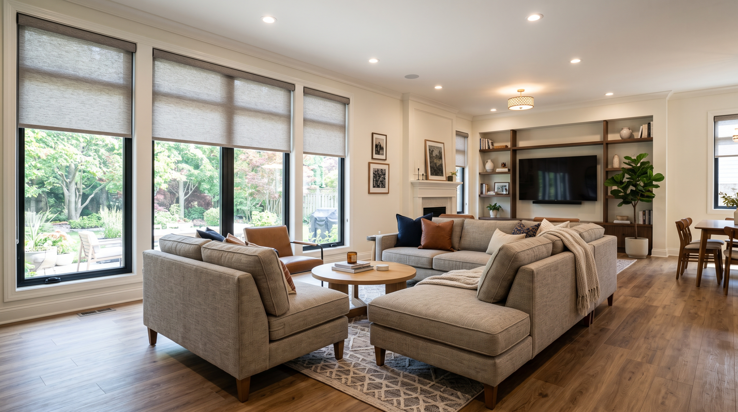 Coordinated custom furniture, flooring, and blinds in a Dubai renovation
