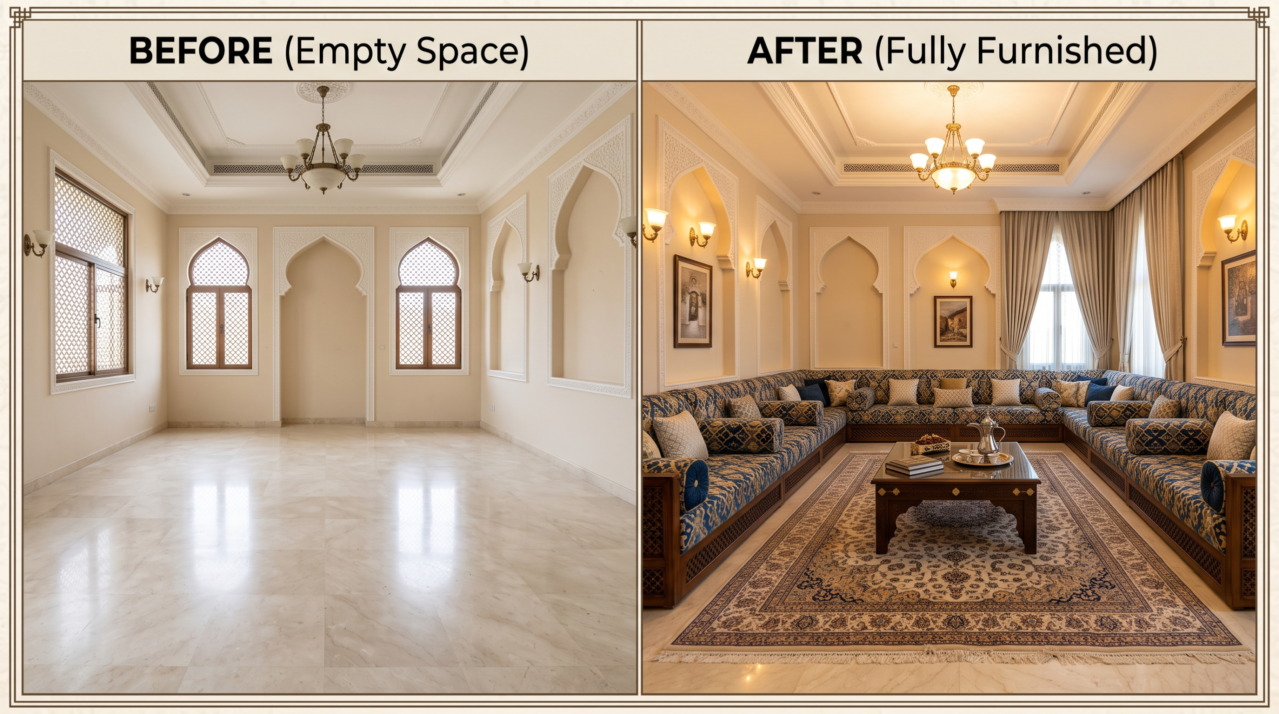 Before and after custom majlis furniture Dubai villa