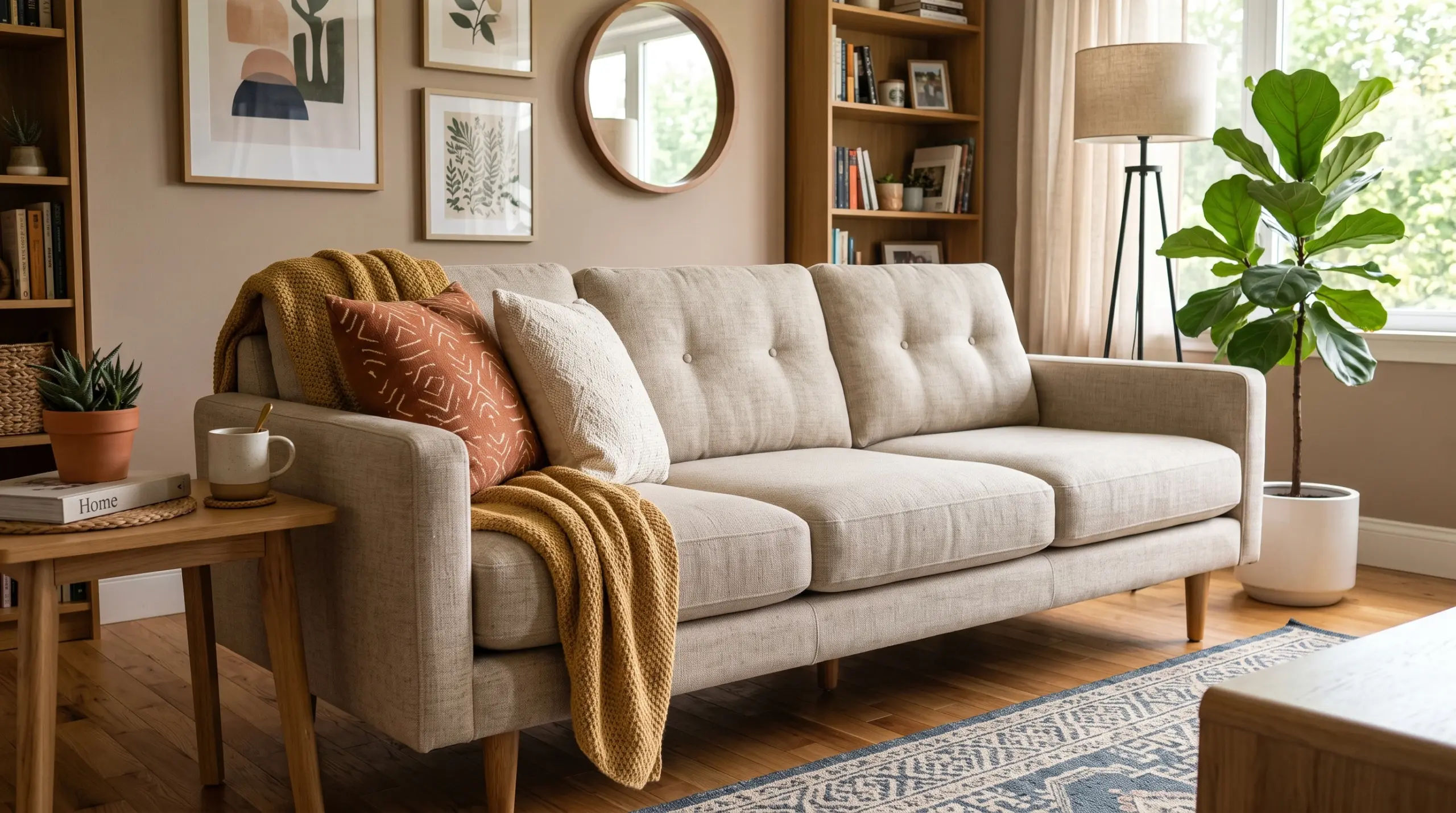 Modern Dubai living room featuring linen, leather, velvet, and performance fabric sofas designed for Dubai's hot climate