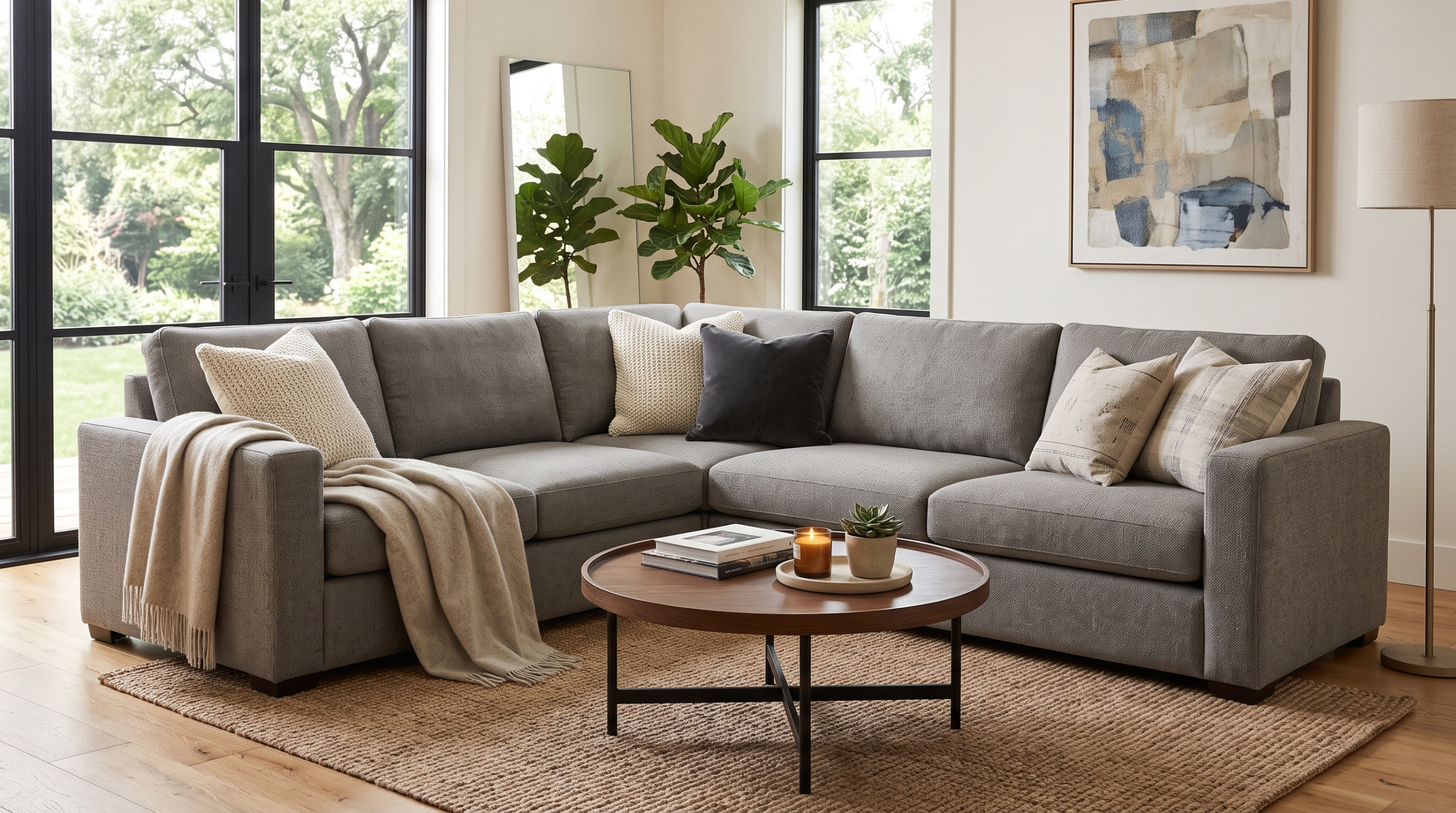 Custom L-shaped sofa in a modern Dubai apartment living room with neutral décor and engineered wood flooring.