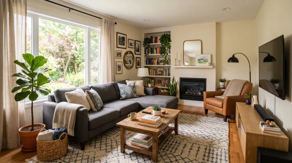 Luxury Dubai living room with custom sofa, engineered wood flooring, premium rug, and comfortable summer-friendly interior design