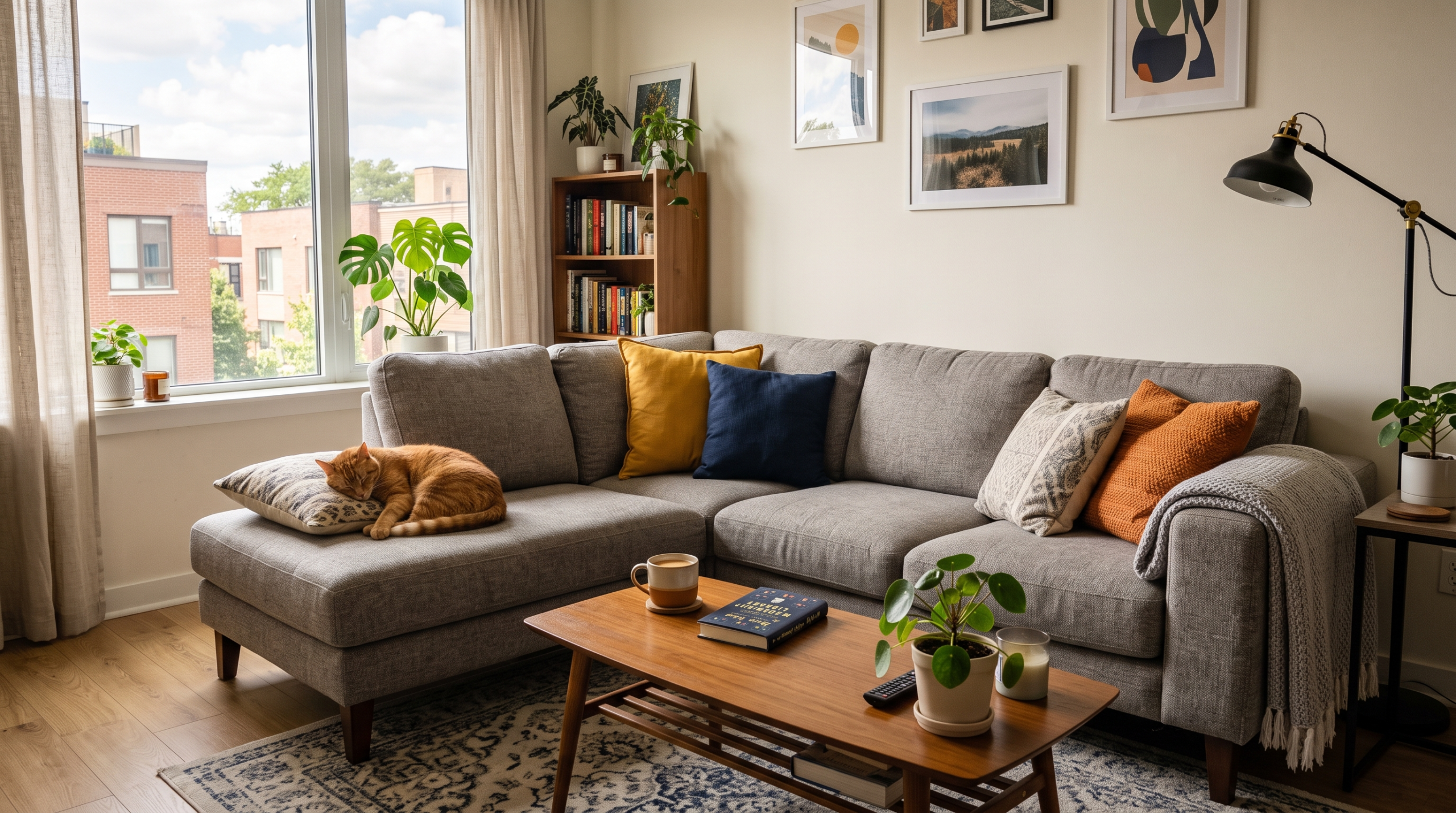 Interior designer helping homeowners choose a custom sofa for a Dubai apartment using fabric samples and layout plans.