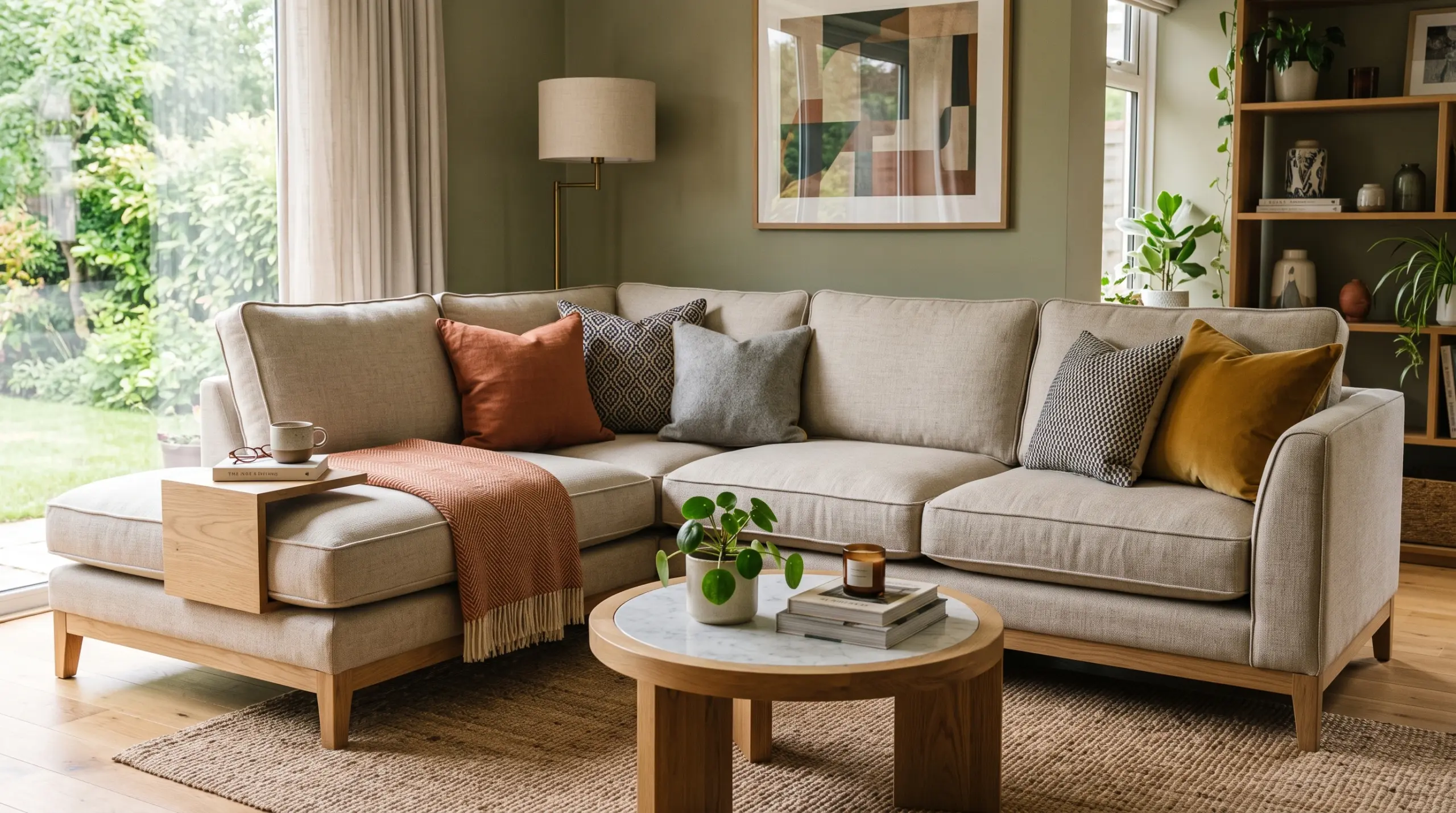 Upholstery fabric samples, foam, and hardwood frame used to manufacture high-quality custom sofas in Dubai