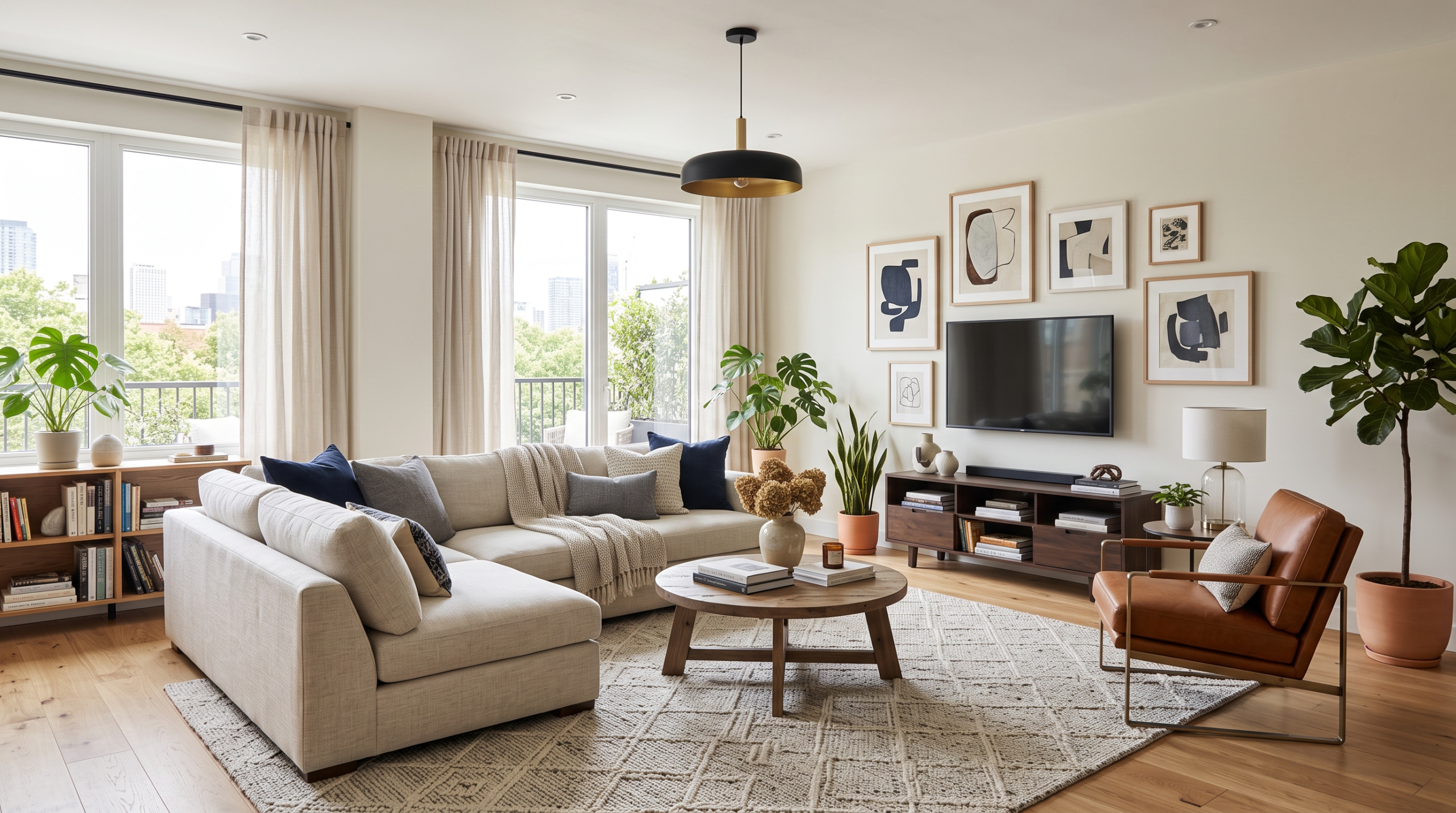 Small apartment interior with engineered wood flooring, minimalist furniture, and seamless design creating a spacious appearance