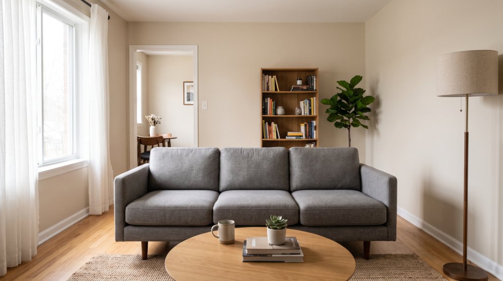 Fabric sofa and leather sofa comparison in a Dubai furniture showroom showing upholstery options for modern apartments.