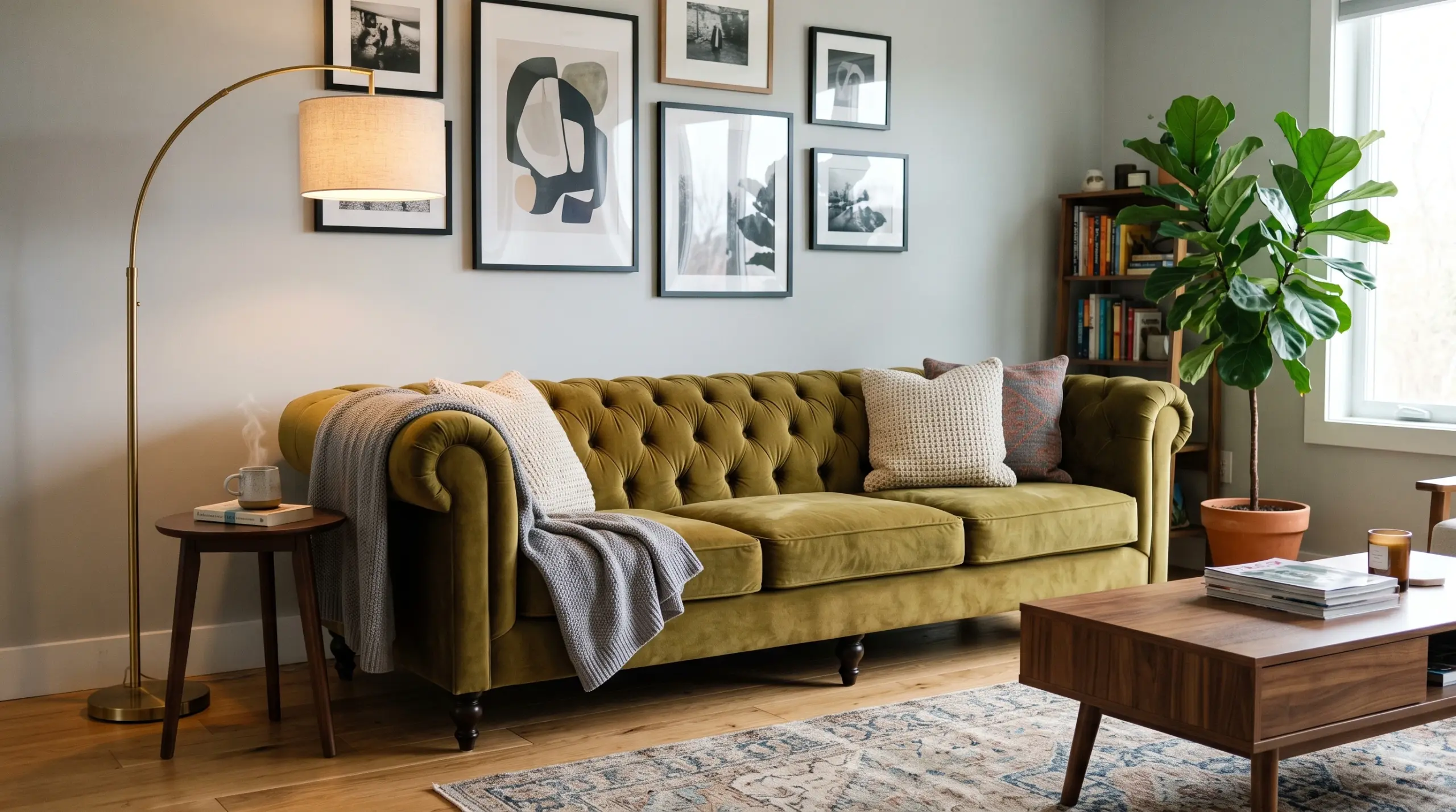 Custom performance fabric sofa in a family-friendly Dubai villa living room with durable stain-resistant upholstery