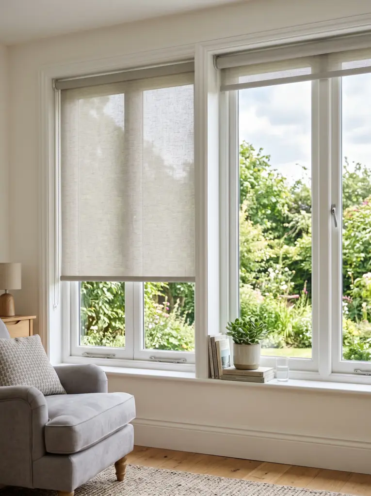 Dark blue blackout roller blind featuring a clean matching aluminum cassette headrail enclosure.