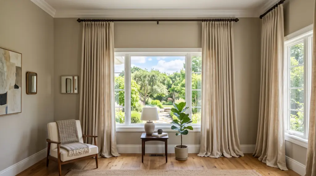 Floor-to-ceiling curtains installed higher than windows in a Dubai apartment